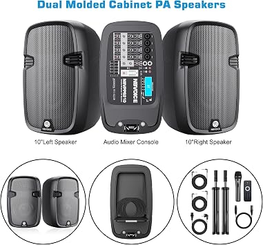 NBVOICE 10 600W Professional PA System with Mixer DJ Bundle, Portabel Speakers 2-Way Wireless Bluetooth Sound System with USB SD XLR 1/4 RCA inputs-Home/OutdoorParty