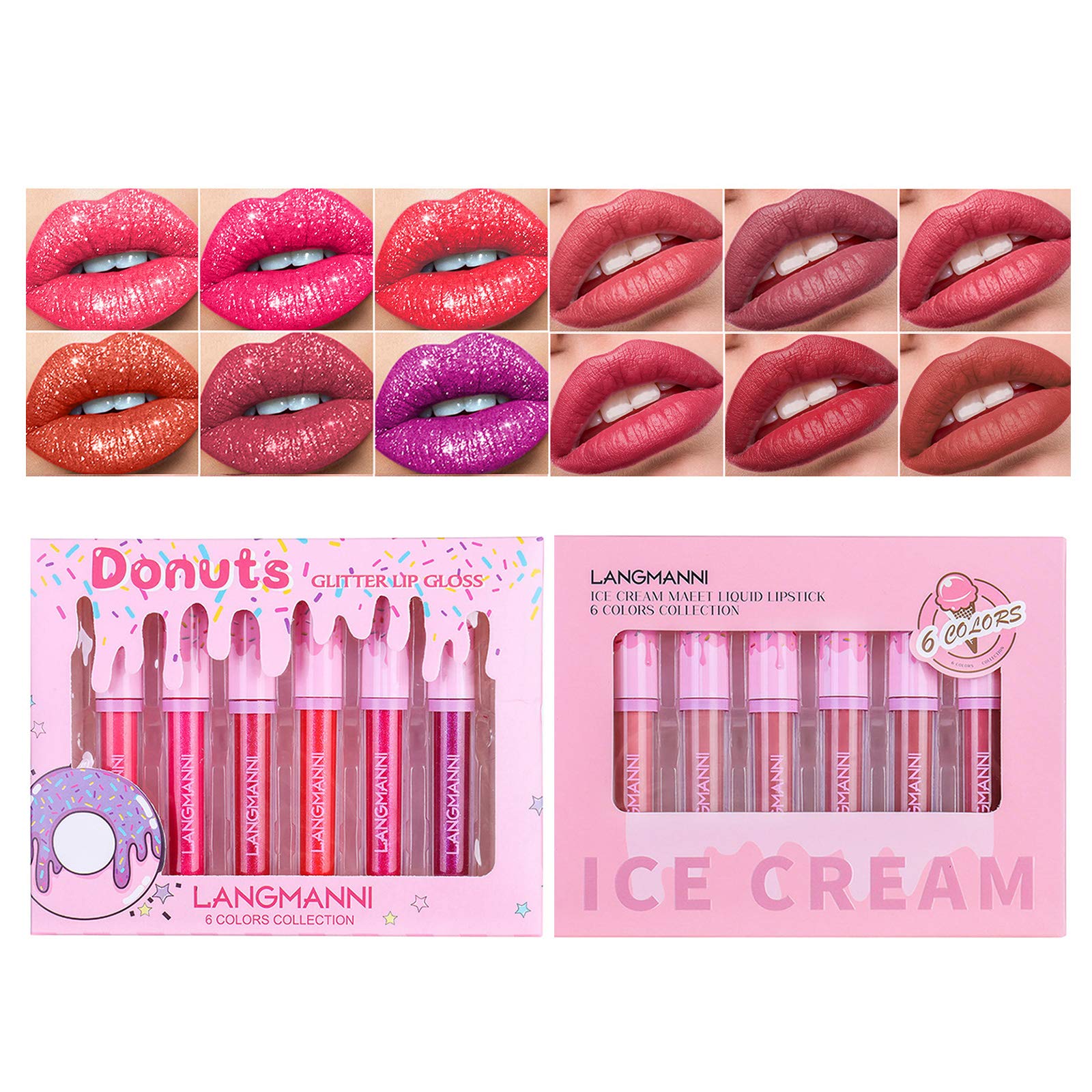 12pcs Lip Gloss Set 6Pcs Matte Lipstick + 6Pcs Glitter Velvet Liquid Lipstick Set Long Lasting Waterproof Non-Stick Cup Pigment Metallic Lipgloss Makeup Gift