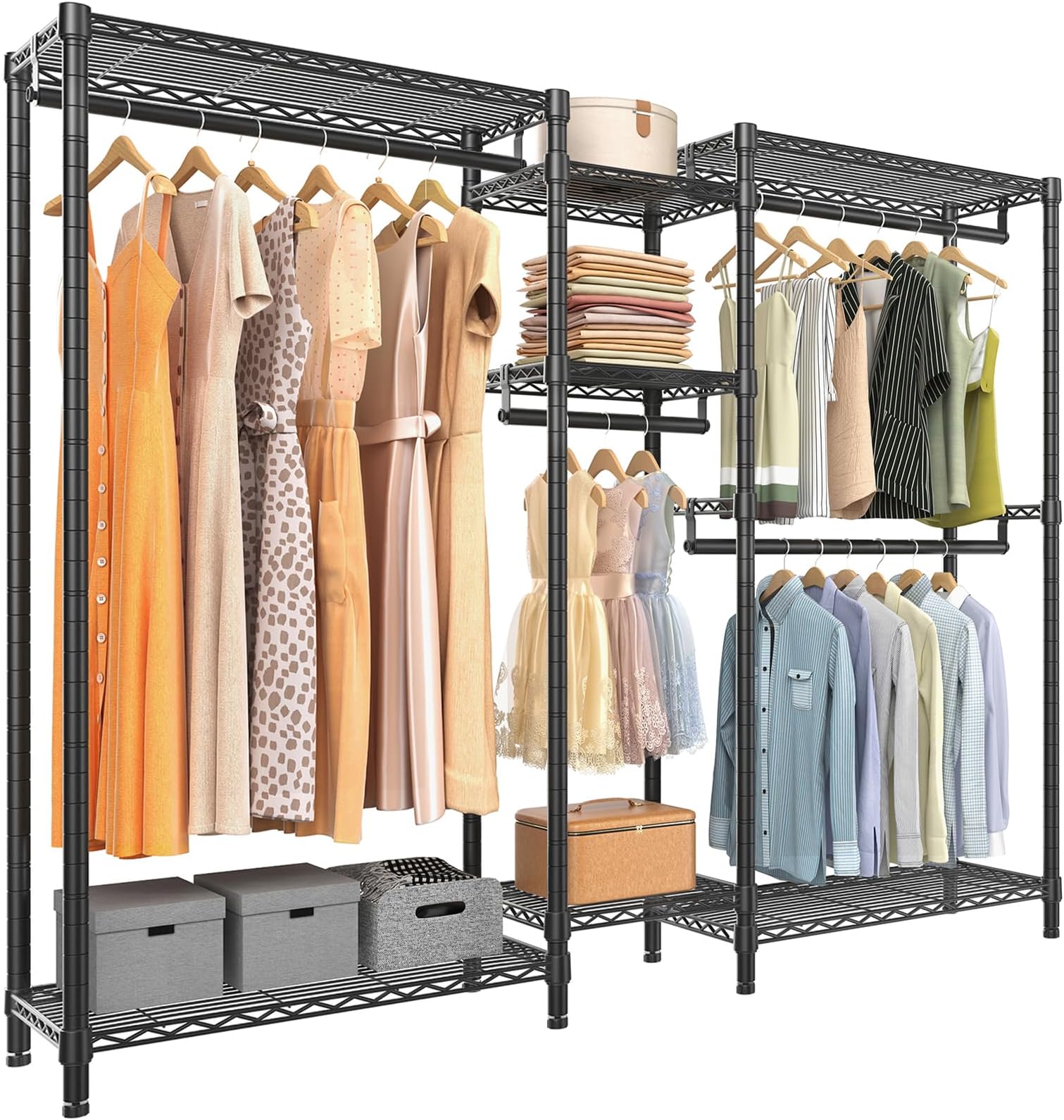 VIPEKV6 Wire Garment Rack Heavy Duty Clothes Rack for Hanging Clothes, Metal Freestanding Closet Wardrobe Rack, 71.2" L x 14.6" W x 76.4" H, Max Load 660lbs, Medium Size (Black)