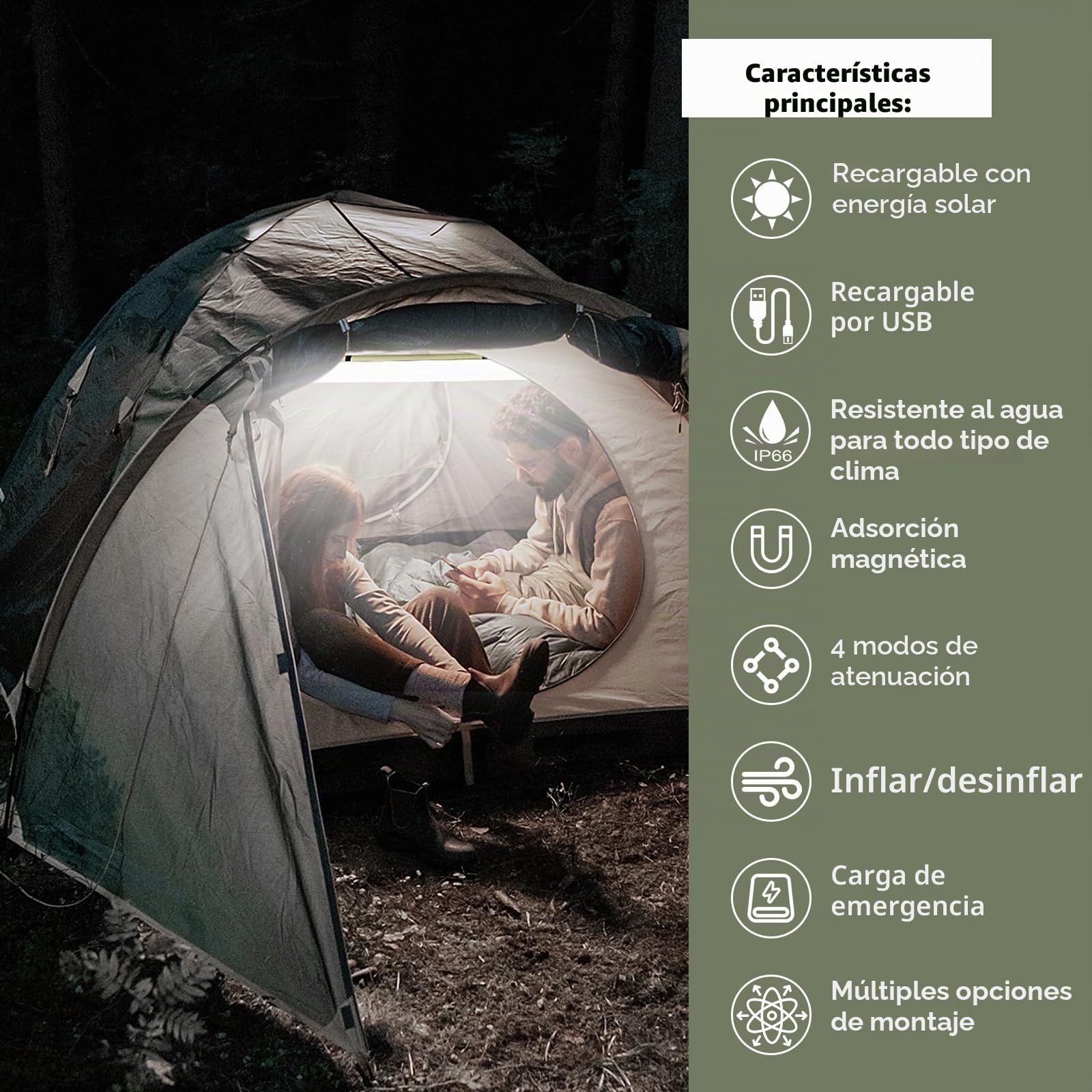 Qoolife LED Lámpara Camping Recargable, 4000mAh Linterna de Plegable Inflables Solar Camping de Energía con 2 Métodos de Carga (Solar / USB) y 4 Modos de Iluminación para Acampar, Caminar, Pesca 85CM