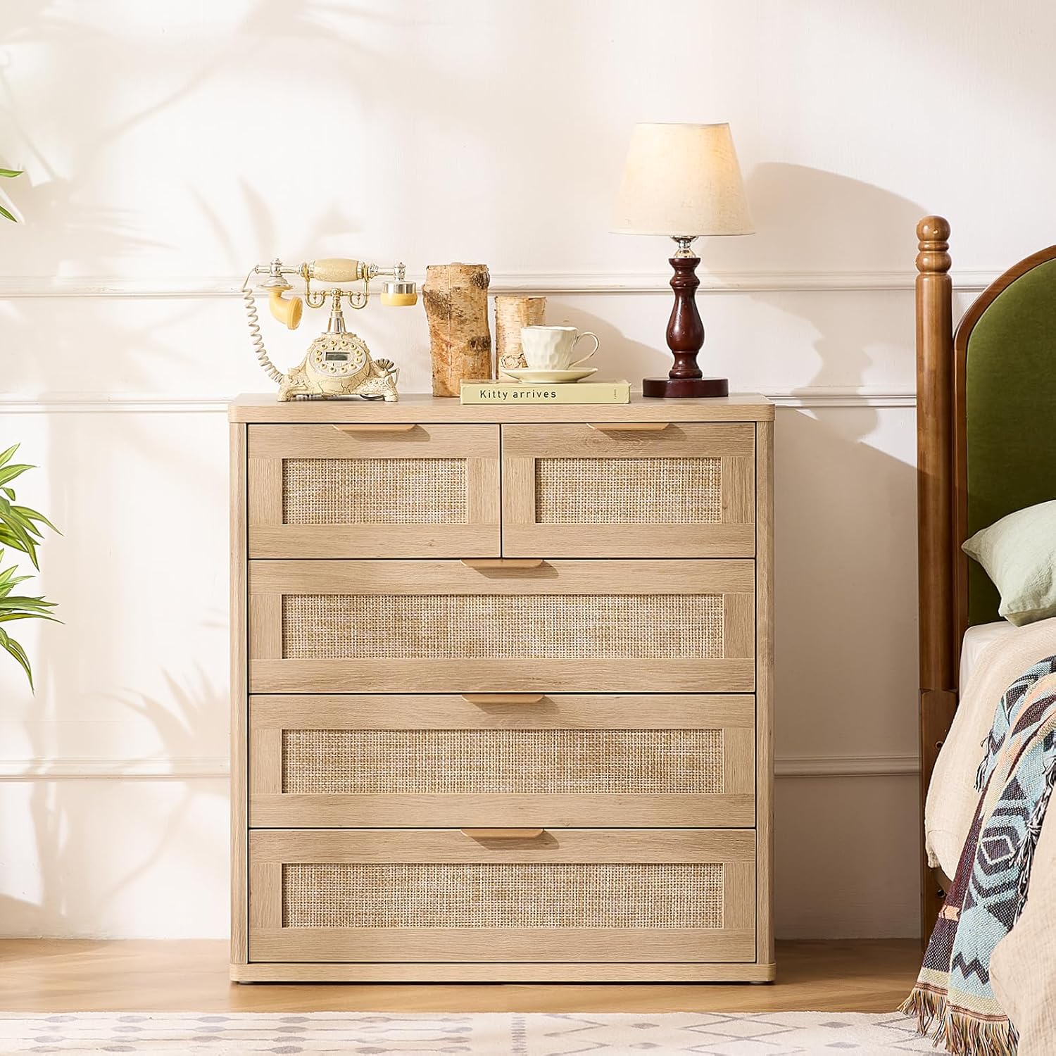 LEYAOYAO Rattan Dresser for Bedroom, 33.5" Tall Chest of Drawers, Modern 5 Drawers Boho Dressers with Storage, Light Oak Dresser Wooden Closet Organizer for Living Room, Hallway, Natural Wood 15.5"D x 31.5"W x 33.5"H (5 Drawers) Natural Wood 1
