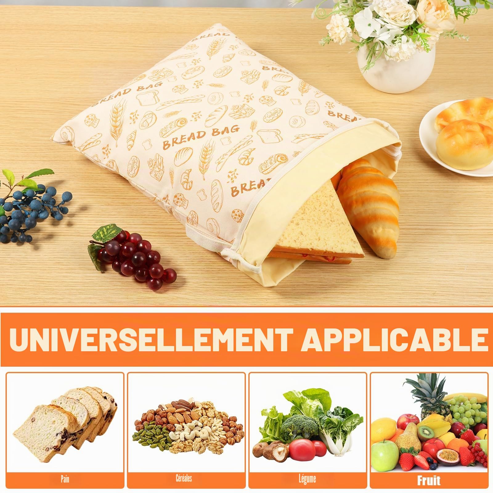2 pièces de sacs à pain en cire d'abeille 43 cm × 33 cm, sac à pain réutilisable pour conserver au frais avec fermeture éclair en L et poignée, sac à pain pour conserver au frais, sacs en cire