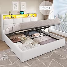 DICTAC Storage Bed 180 x 200 cm with LED Lights and Socket Bed Frame 180 x 200 cm with Bed Base and Storage, Double Bed 180 x 200 cm with Headboard, Padded Linen Beds for Adults, White - without Mattress