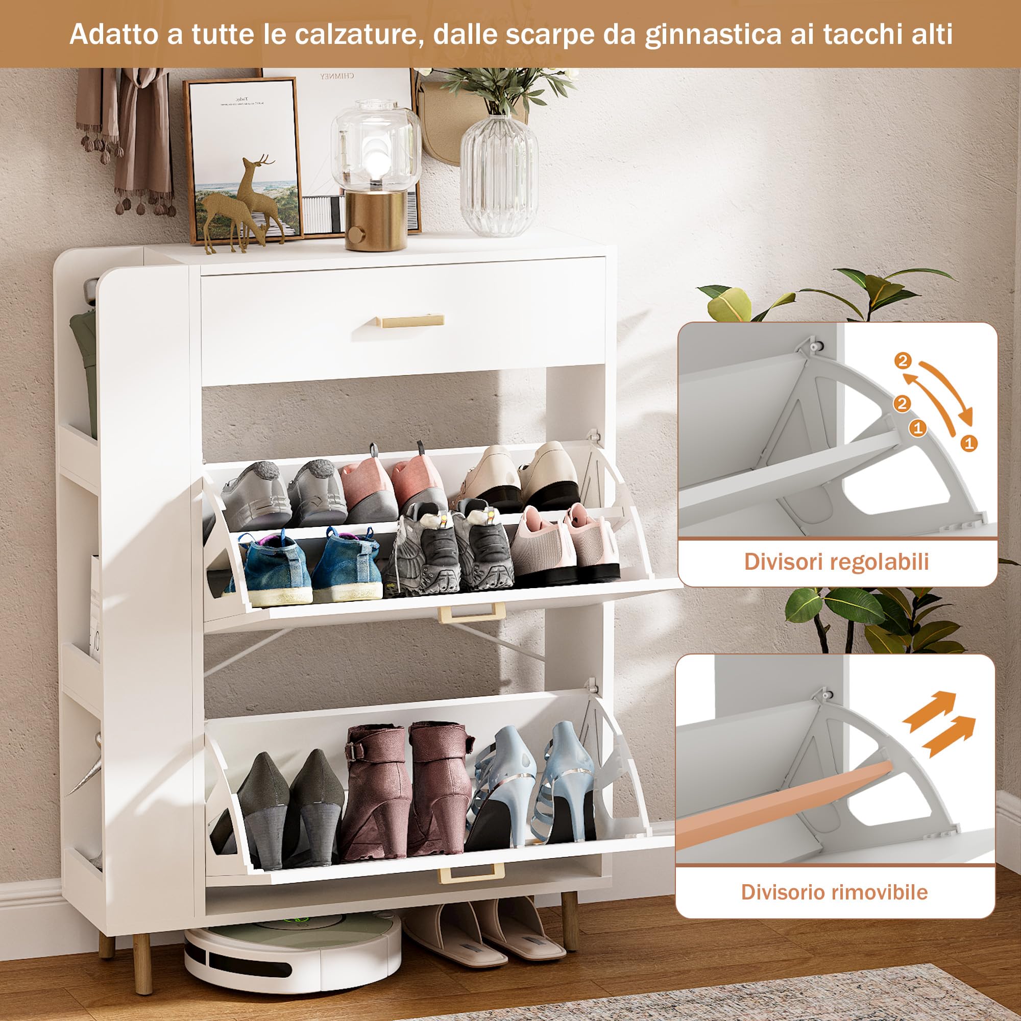 Scarpiera Salvaspazio Slim con 1 cassetto e 3 scomparti Scarpiera a 2 ante con 4 gambe in legno massello Può contenere 12-16 paia di scarpe 80x24x110cm Bianca (EUR≤45)