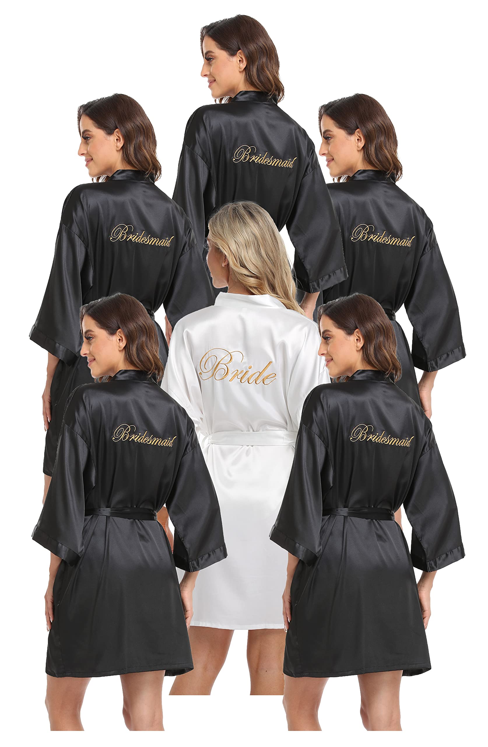 PENGEE 6 Pcs Women's Satin Wedding Party Robe Set Bride Bridesmaid Kimono sets Bridal Shower Getting Ready Silky BathRobe