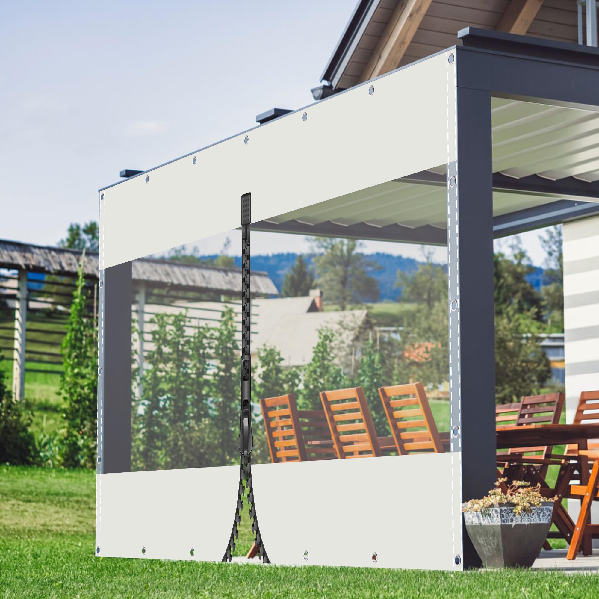 TMGJShd Transparent Tarpaulin - Heavy Duty Waterproof PVC Sheet, 2.4mx2m White+Clear Tarp with Eyelets and Zipper, 0.5mm Thick, Dust Proof for Garden, Garage, Gazebo, Terrace, and Outdoor Use.
