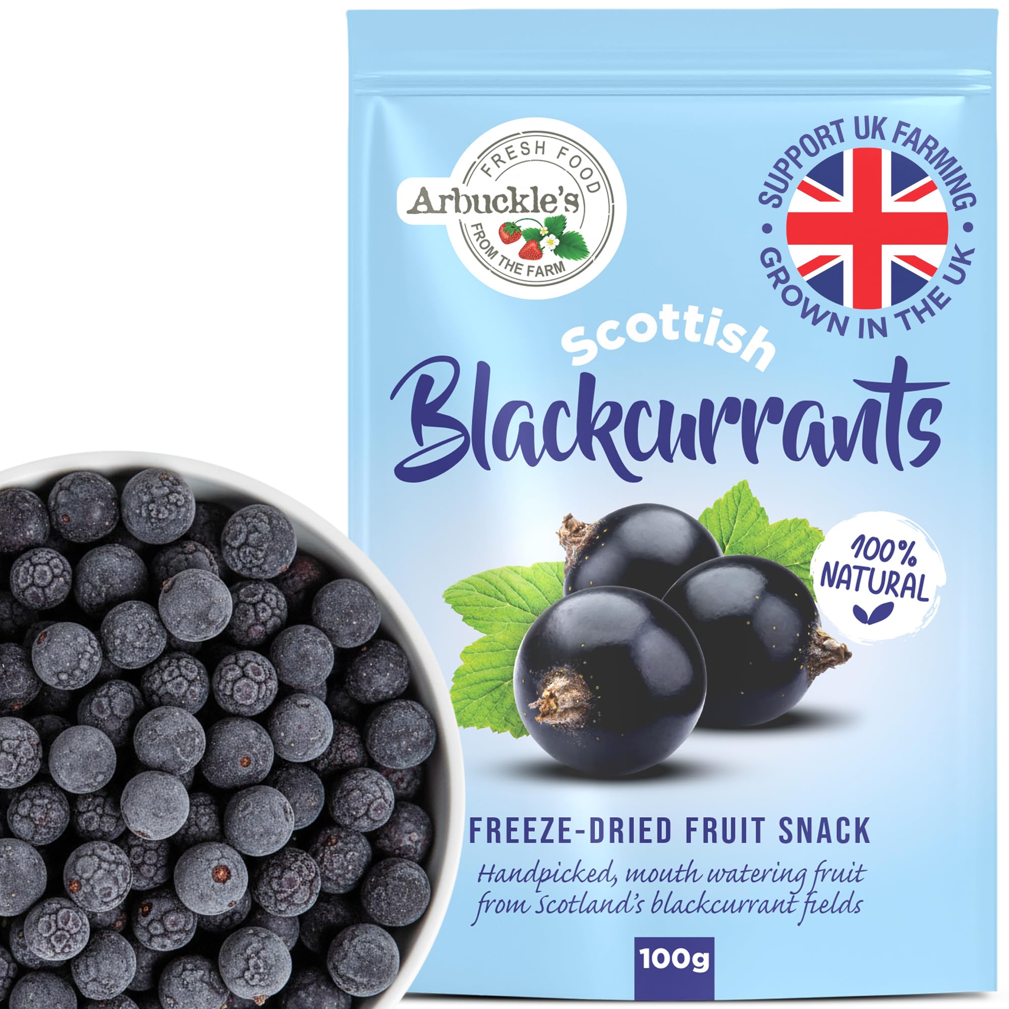 Arbuckle's Freeze Dried Blackcurrants Whole Fruit Snack 100g Nutritious and Healthy Blackcurrants Direct from Farm Shop, Natural, for Baking, Breakfast Cereal Topper, Yogurt, Cake Decorations