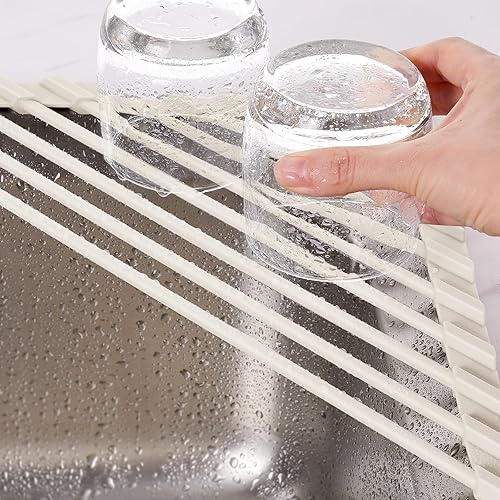 Miniatura 8 de Tomorotec Escurridor de platos compacto con revestimiento de silicona triangular para esquina del fregadero, organizador plegable de acero