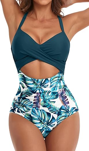 Eomenie Women's One Piece Swimsuits Tummy Control Cutout High Waisted Bathing Suit Wrap Tie Back 1 Piece Swimsuit