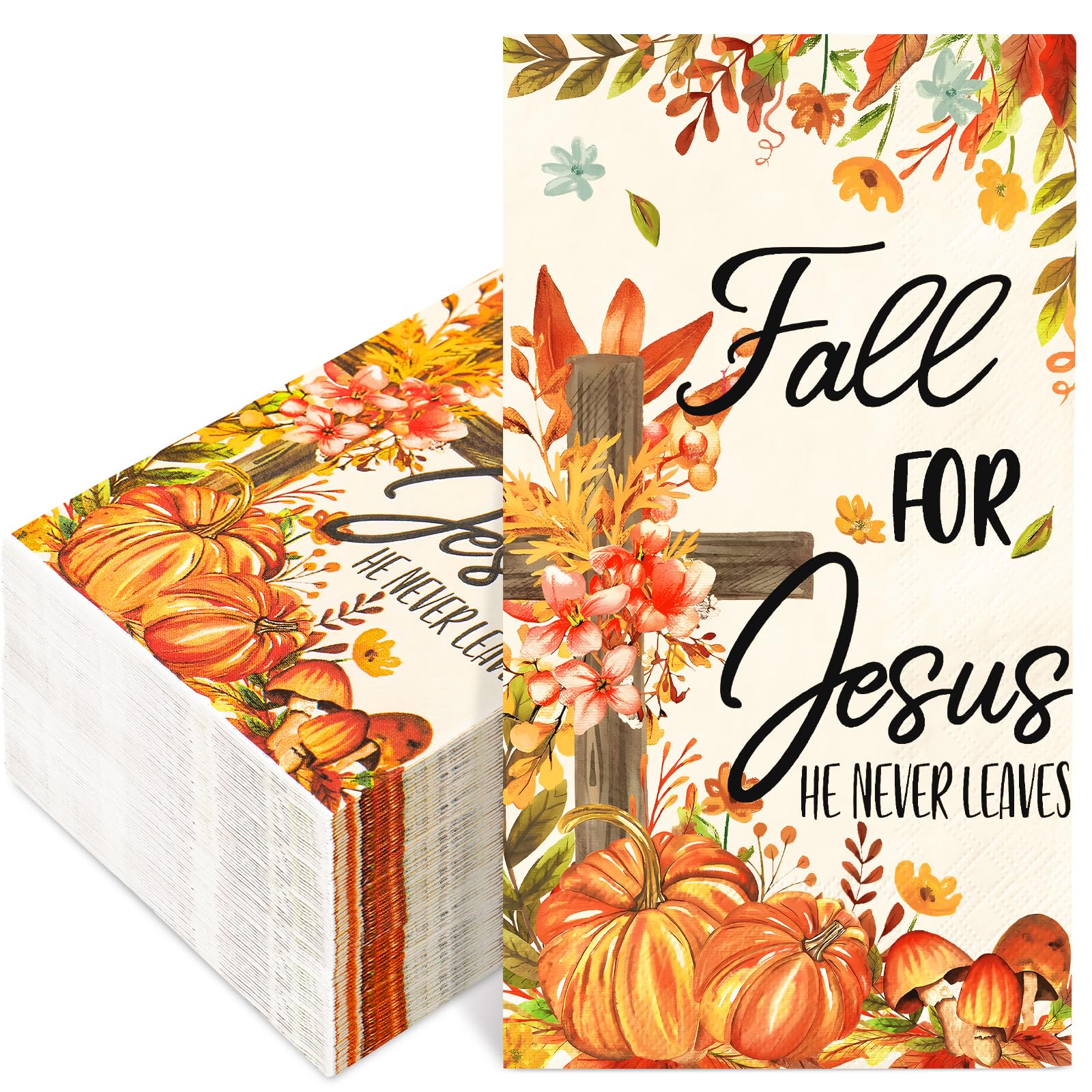 FYSUIMU Einweg-Papierservietten mit Motiv "Fall for Jesus", Blumenmuster, Kürbis, Einweg-Papierservietten, Abendessen, Handservietten für Herbst, Erntedankfest, Partyzubehör, Tischdekoration, 100