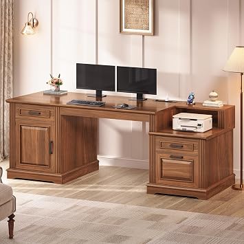 SEDETA Farmhouse Executive Desk, 62 Home Office Desk with File Drawers, 3Drawer and Storage Cabinet, Computer Desk with Power Outlet for Home Office, Work Study Writing, Walnut