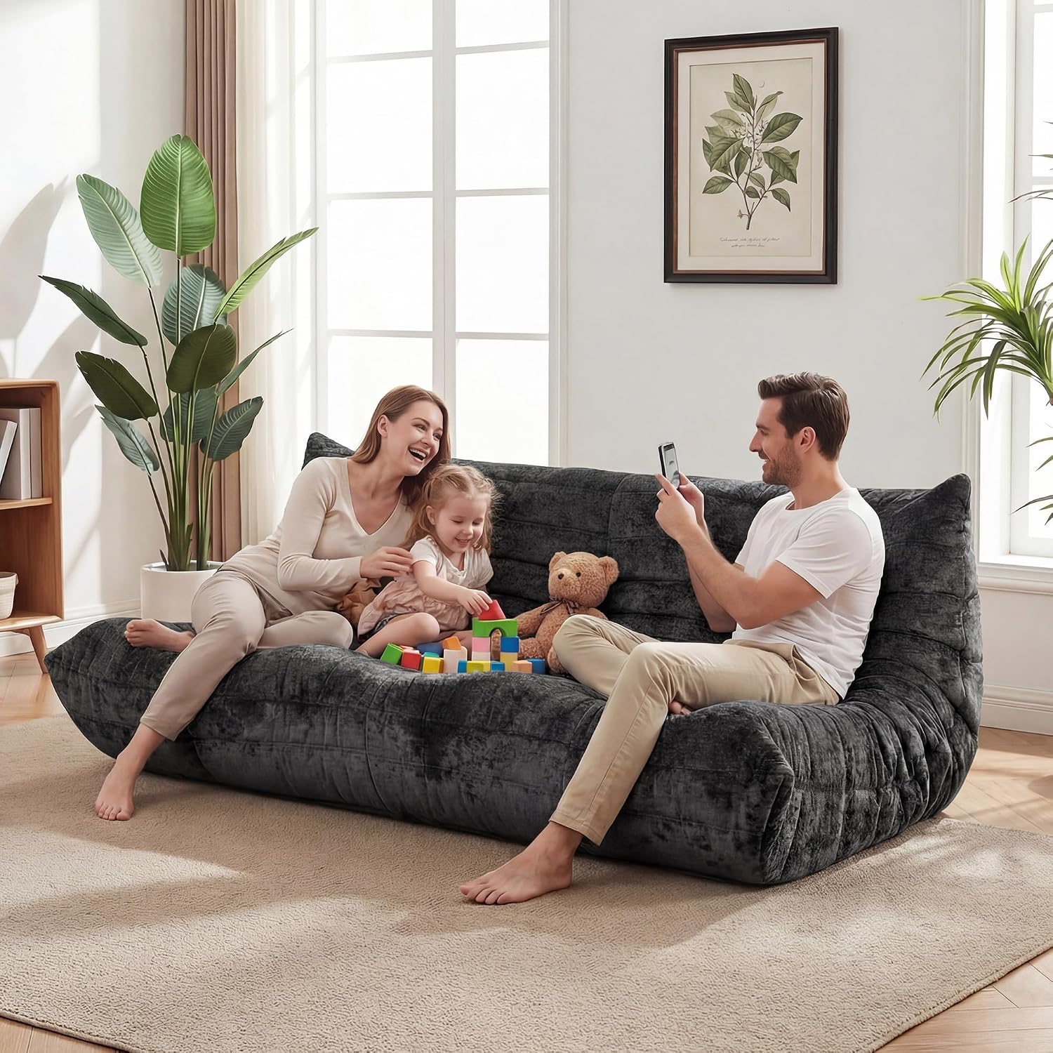 No Assembly Lounge Boneless Floor Sofa & Frameless Loveseat Bean Bag Couch