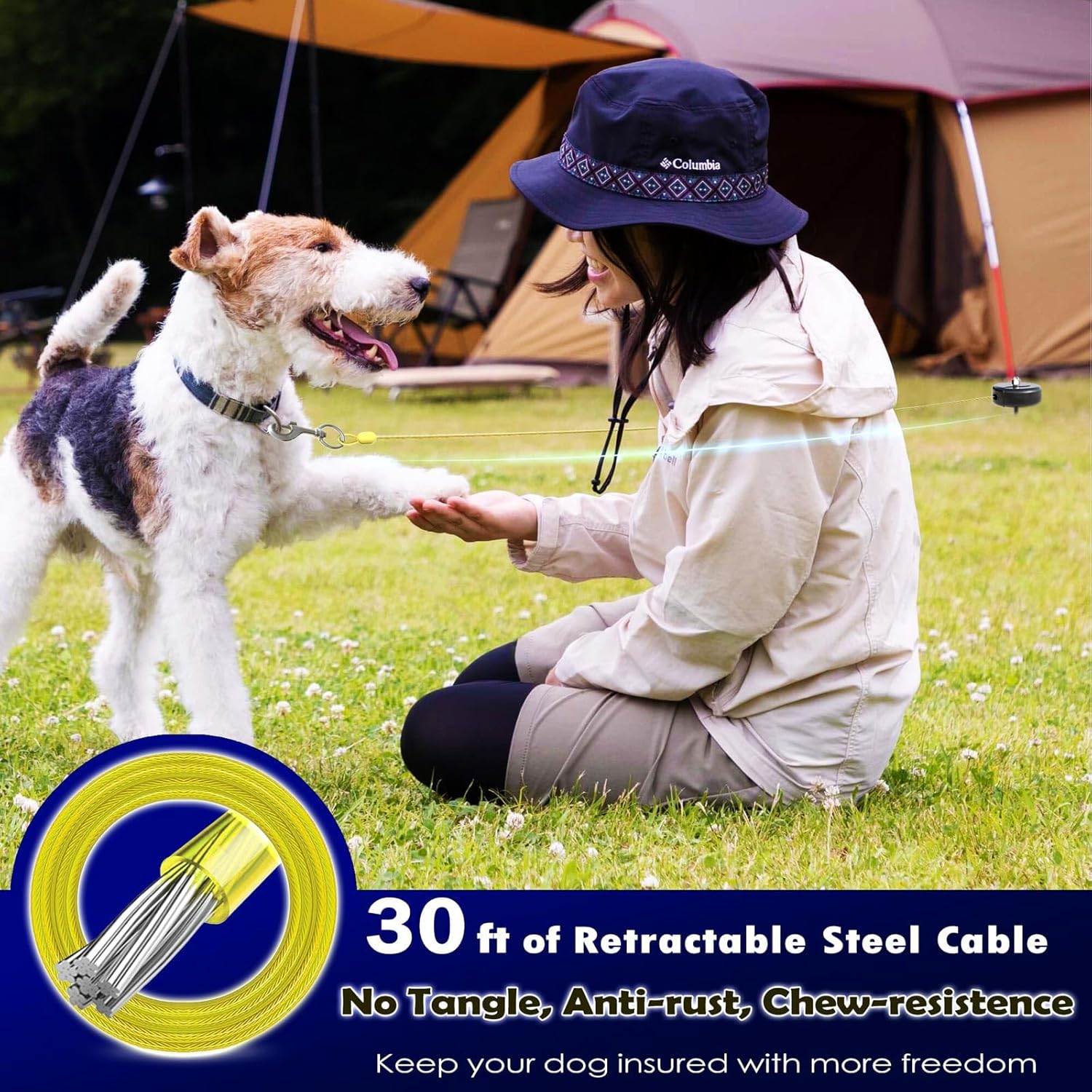 30ft Dog Tie Out Cable and Stake, 360°No Tangle Heavy Spiral Dog Steel Anchor and Retractable Leash for Small to Large Dogs Up to 10-90 lbs Lead for Outside Yard Camping Park