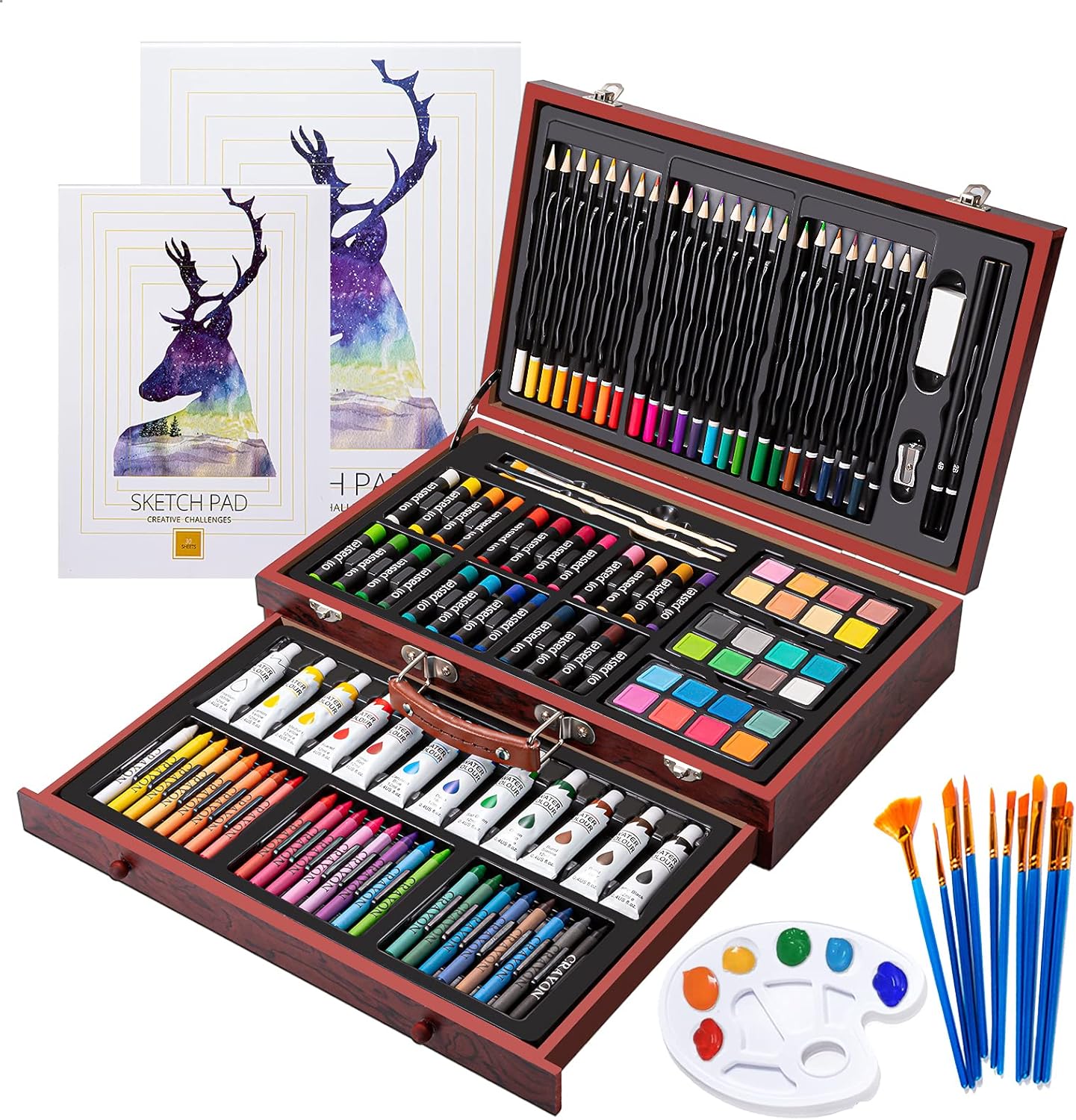 Art Supplies, 129Piece Deluxe Wooden Art Set Crafts Kit with 2 Sketch