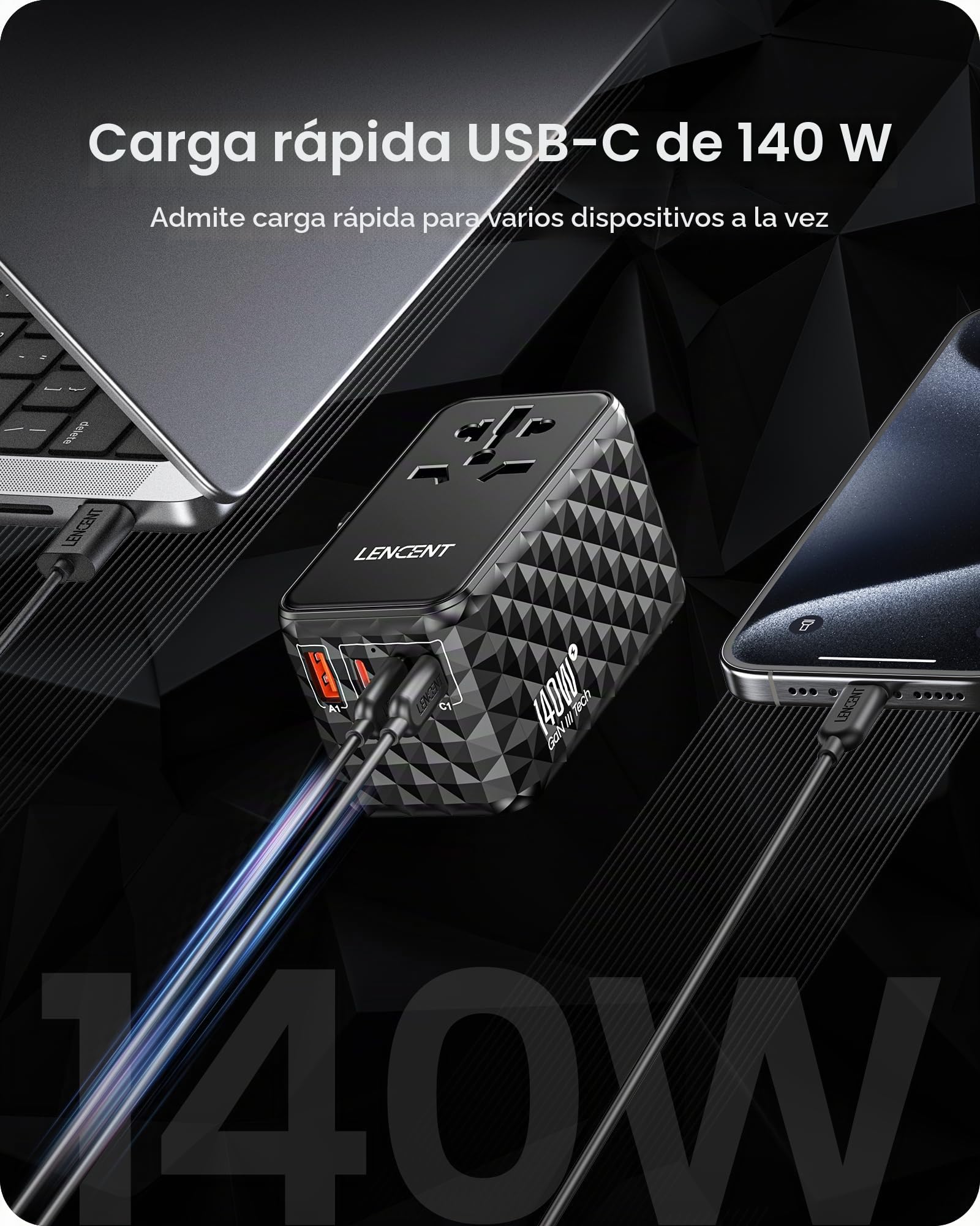 LENCENT Adaptador de Viaje Internacional 140W, Adaptador Universal | 1 USB-A y 3 USB-C, Adaptador Enchufe Carga Rápida para Phone, Teléfono, Ordenadores Portátiles, para EE.UU./UK/EU/AUS, Negro