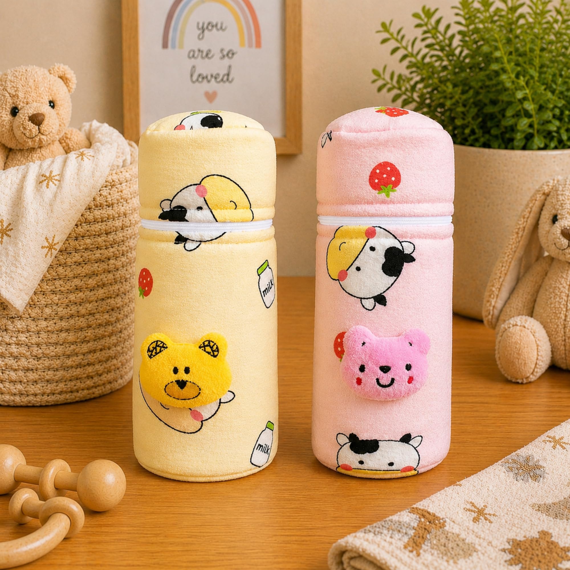 THE LITTLE LOOKERS Soft Plush Stretchable Baby Feeding Bottle Cover with Easy to Hold Strap (Zip Closure 240ml/8oz, Pink & Yellow)-image-27