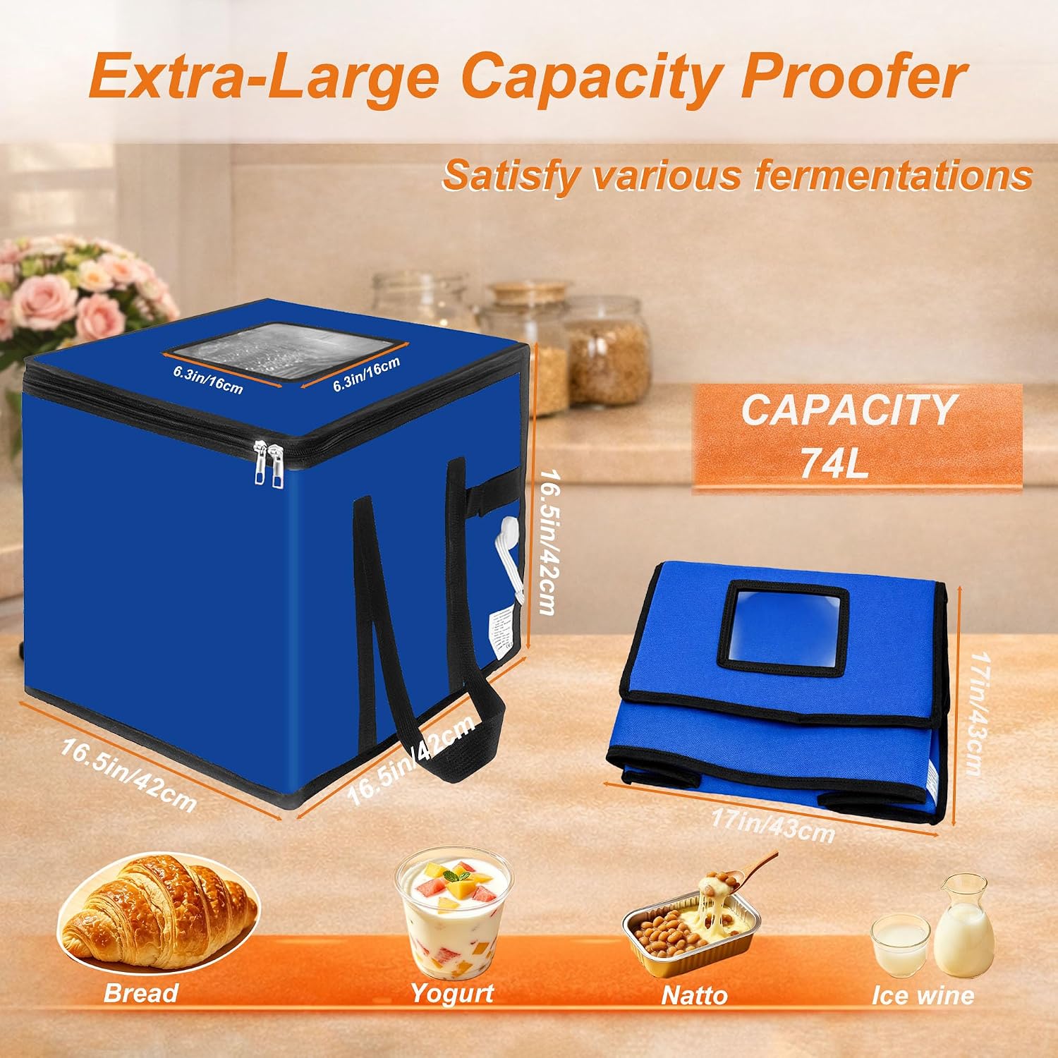 74l Large Foldable Proofing Box，Bread Proofer Blue 16.5 * 16.5 * 16.5in | Dough Proofer 4-Sided Heating，Temp Control (33-122℉), 96-Hour Timer， for Sourdough, Bread Baking, Pizza, Yogurt
