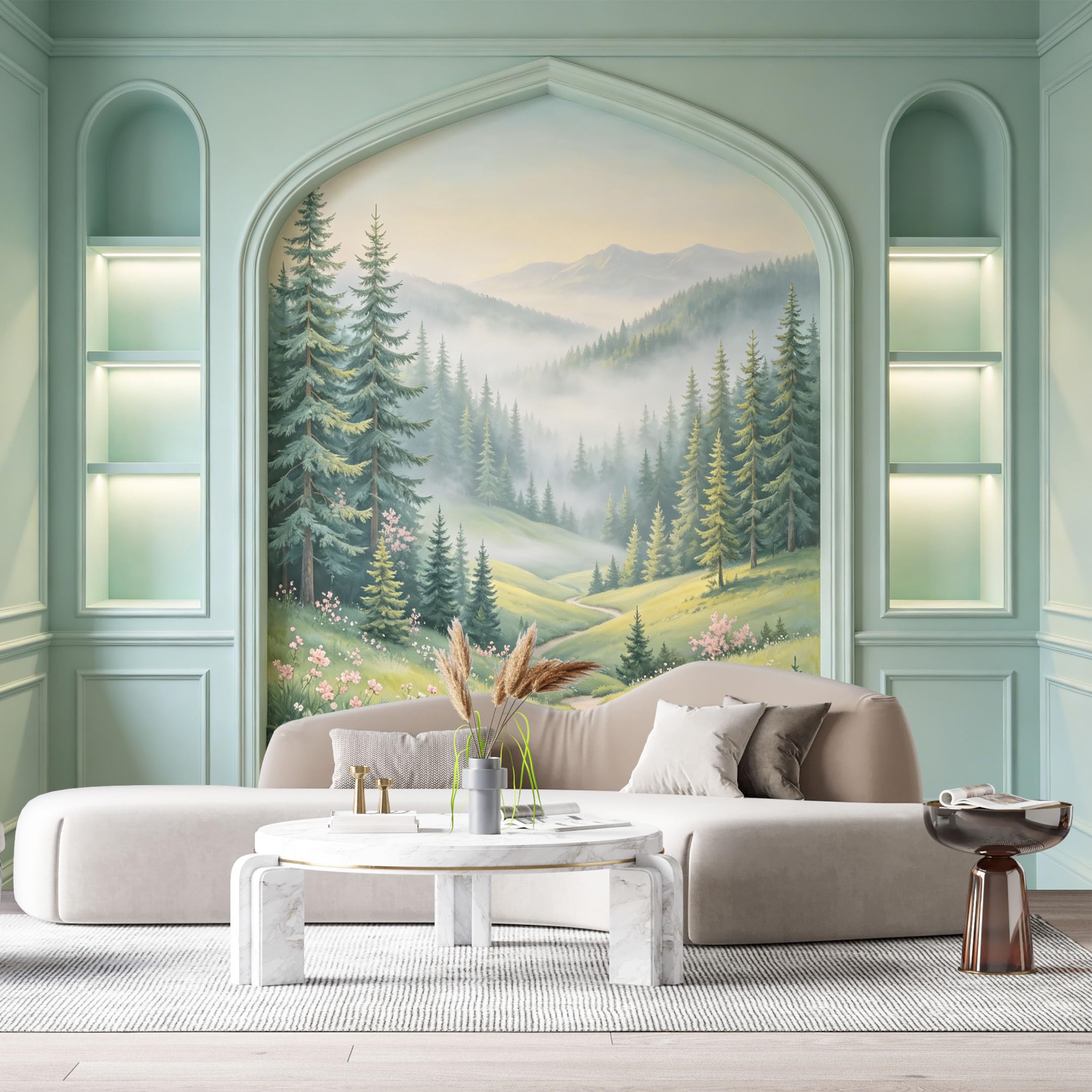 Custom Size Wall Murals Misty Pine Forest Mountain Landscape Watercolor 3D Trompe L'Oeil SelfAdhesiveWall Fabric Removable Wallpaper Wall Decor for Living Room Bedroom Bathroom