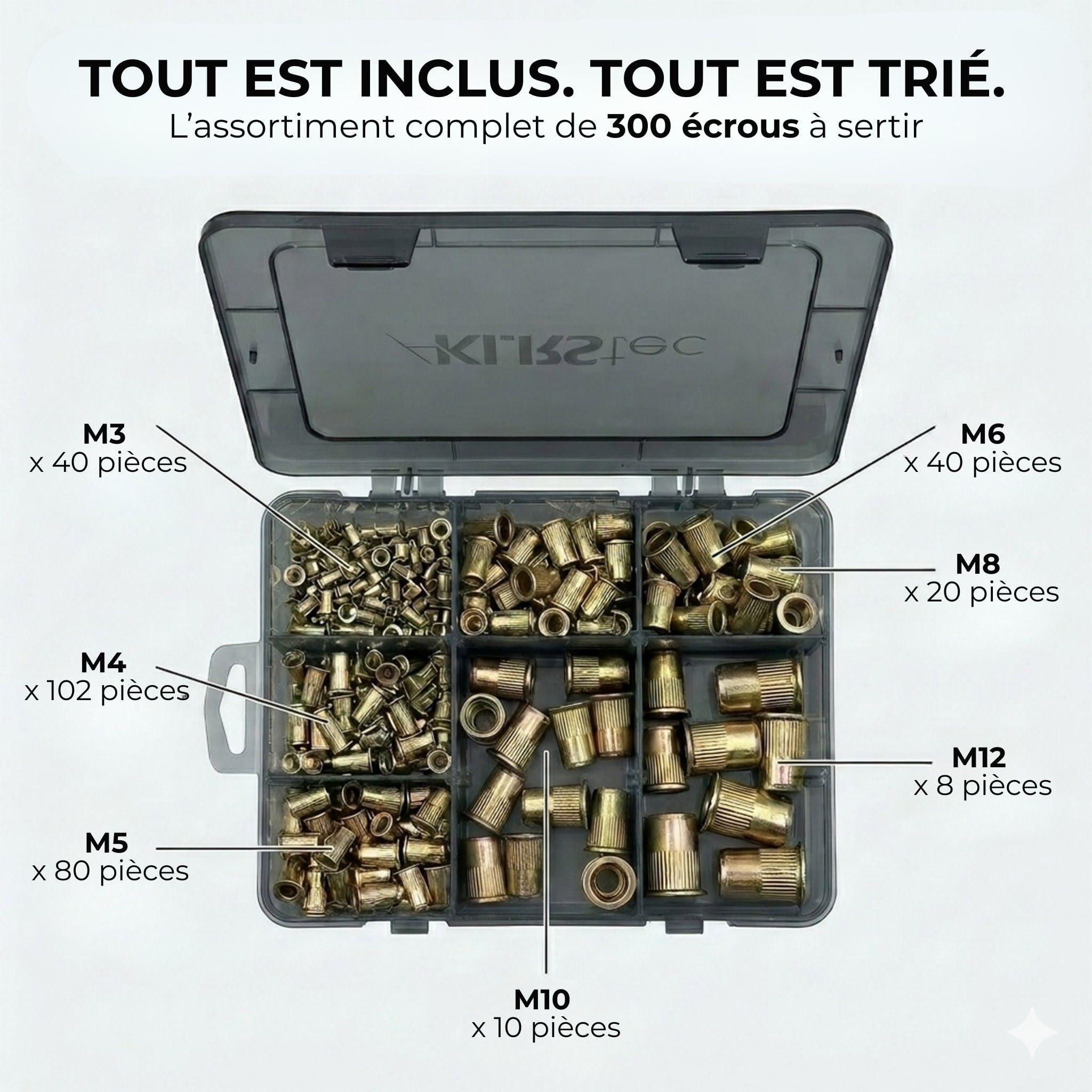 KLRStec Professional Kit Écrous à Sertir [300 pcs] Assortiment Écrous Rivets en Acier Galvanisé – Inserts Filetés M3-M12 pour Métallerie, Automobile, Industrie – Compatible Pince à Sertir