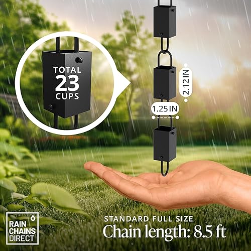 Miniatura 2 de Rain Chains Direct Cadena de lluvia de eslabones cuadrados 85 pies de largo aluminio revestimiento de polvo negro reemplazo funcional y decorativo
