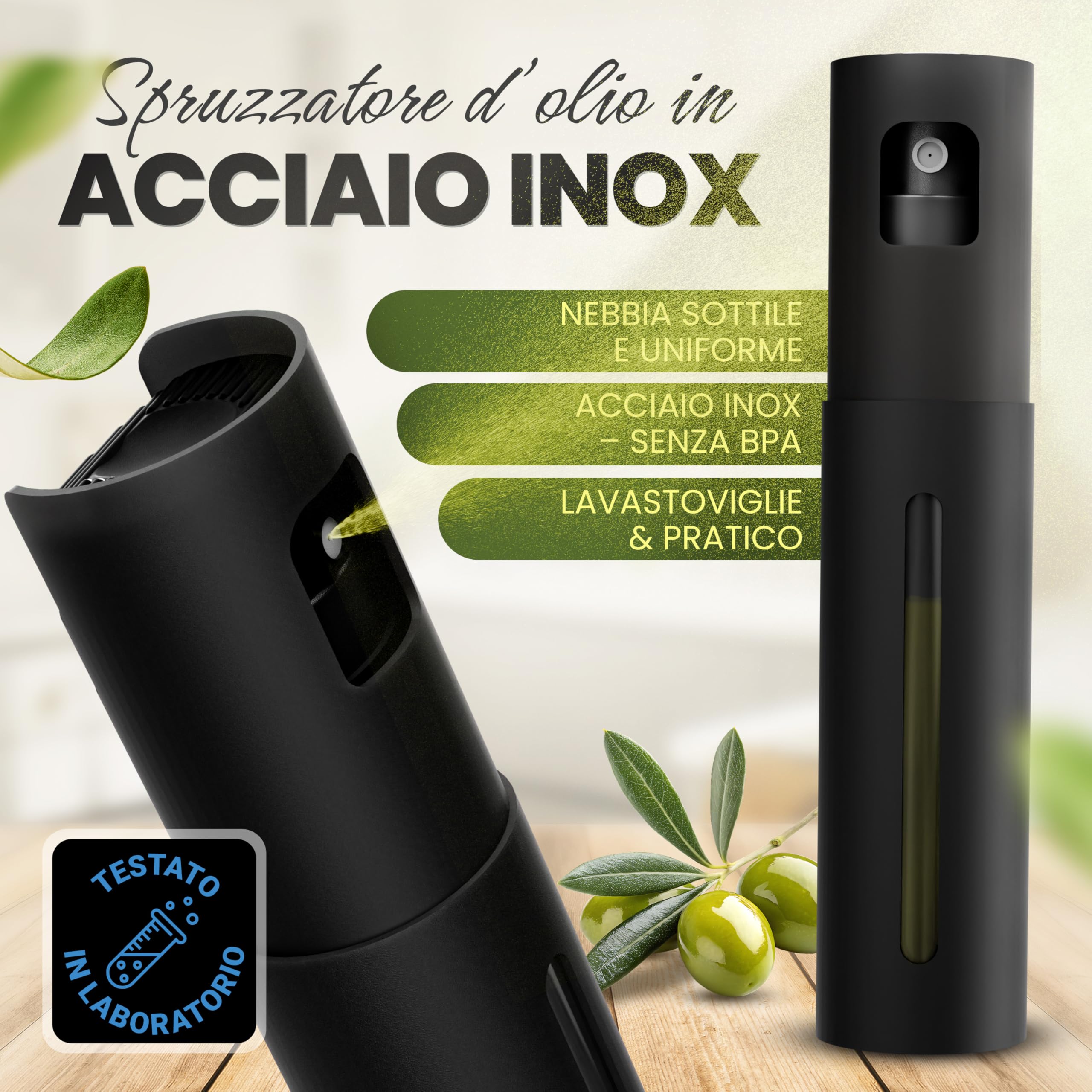 Leisure Life® | Spruzzatore olio premium 2.0 – acciaio pieno 100 ml | protezione UV, senza BPA, lavabile in lavastoviglie | nebulizzazione uniforme | per cucina, barbecue e airfryer