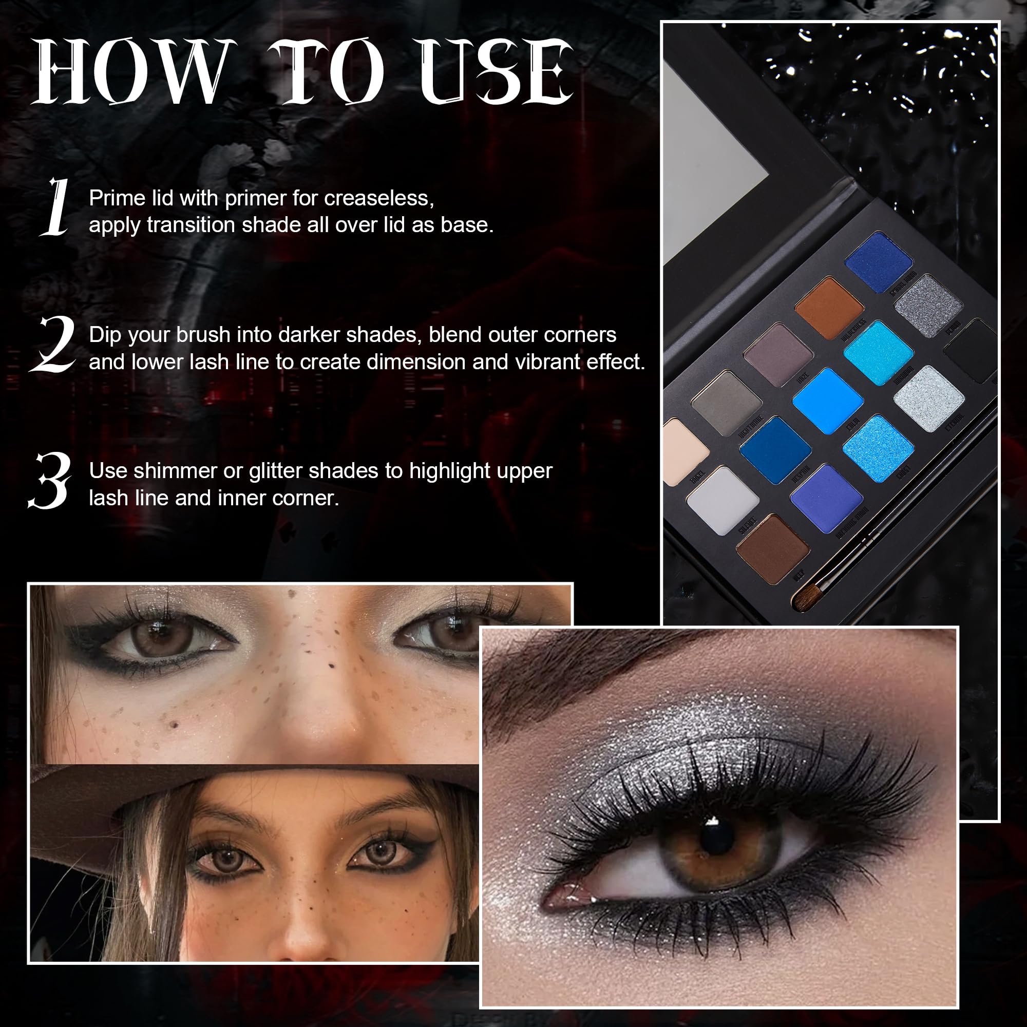 Paleta de sombra de ojos ahumada negra, maquillaje gótico de 15 colores, sombra de ojos gris plateado, alto pigmento, larga duración, paleta de sombra de ojos de tonos fríos, impermeable 6