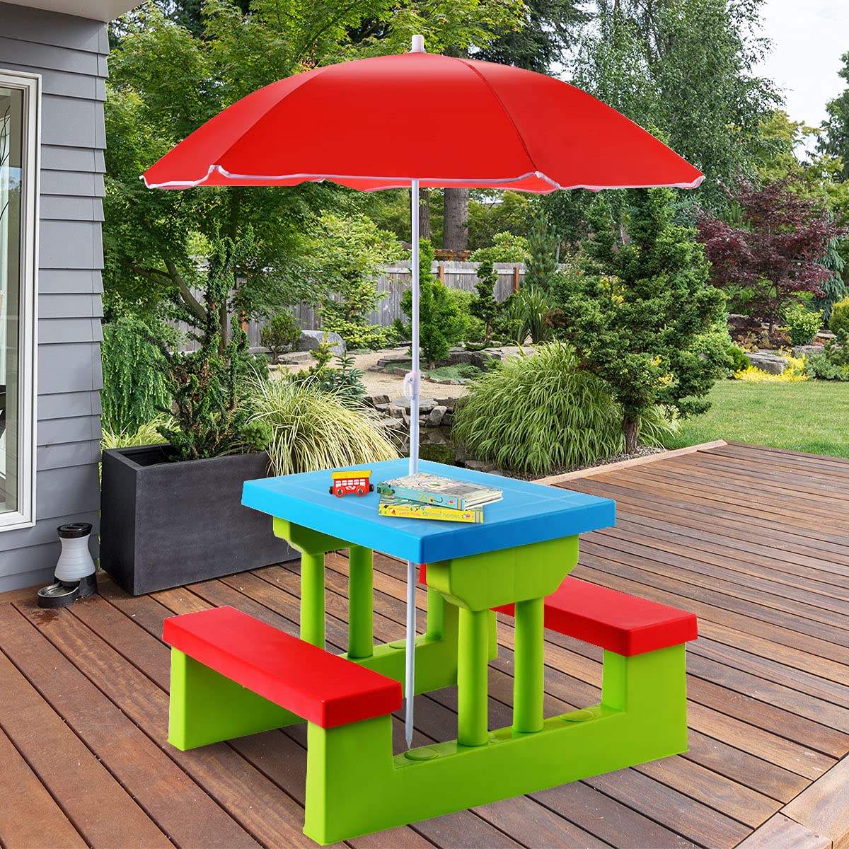 KOMFOTTEU Conjunto de Asientos Infantiles con Sombrilla, Juego de Picnic para Niños con 1 Mesa y 2 Bancos, Juego de Muebles para Jardín, Parque, Terreza (Verde + Rojo + Azul)
