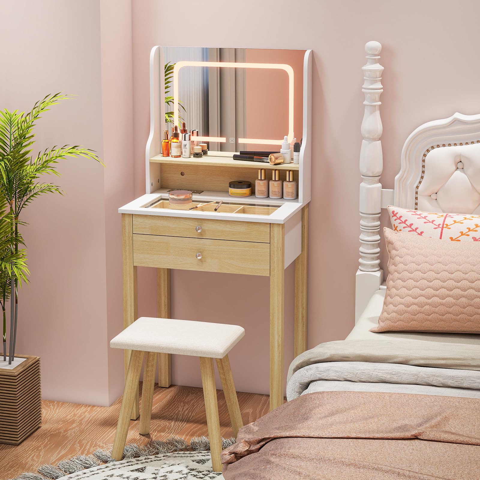 LOKO Small Vanity Desk with Light & Mirror, Makeup Table with 3 Light Modes, Power Outlets & Glass Tabletop, Dressing Table and Cushion Stool with