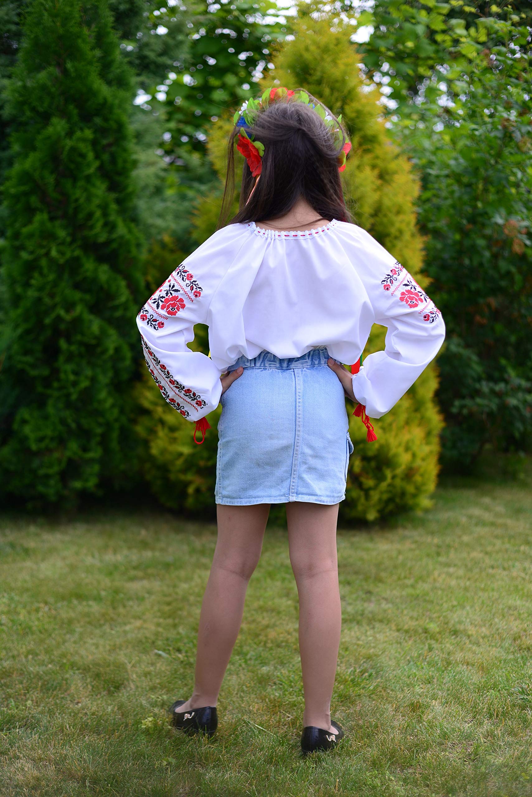 Camicetta popolare ucraina ricamata con cintura per ragazze bianco XX-Large