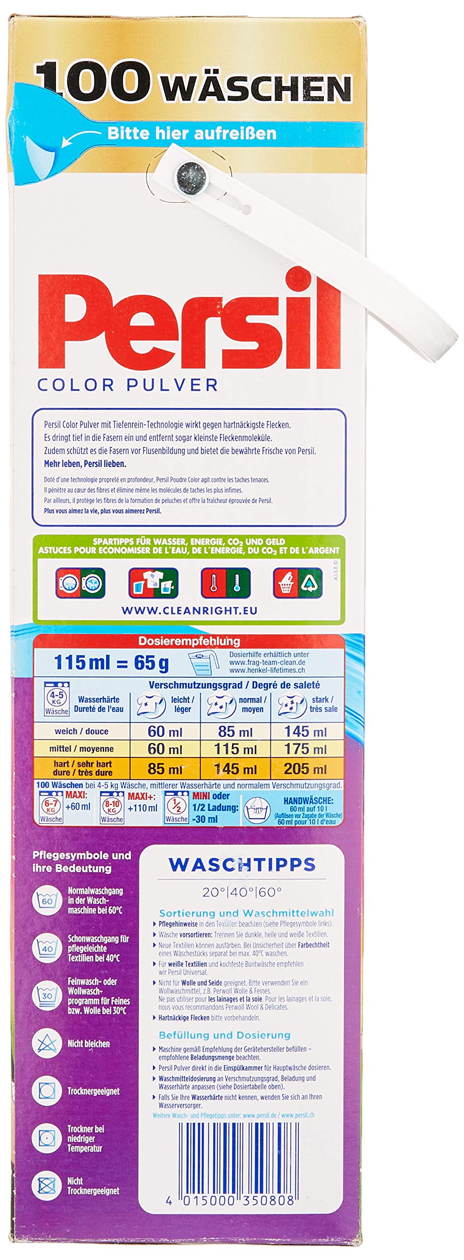 Persil Color Pulver (100 Waschladungen), Colorwaschmittel mit Tiefenrein-Plus Technologie bekämpft hartnäckigste Flecken, Waschpulver für leuchtende Farben