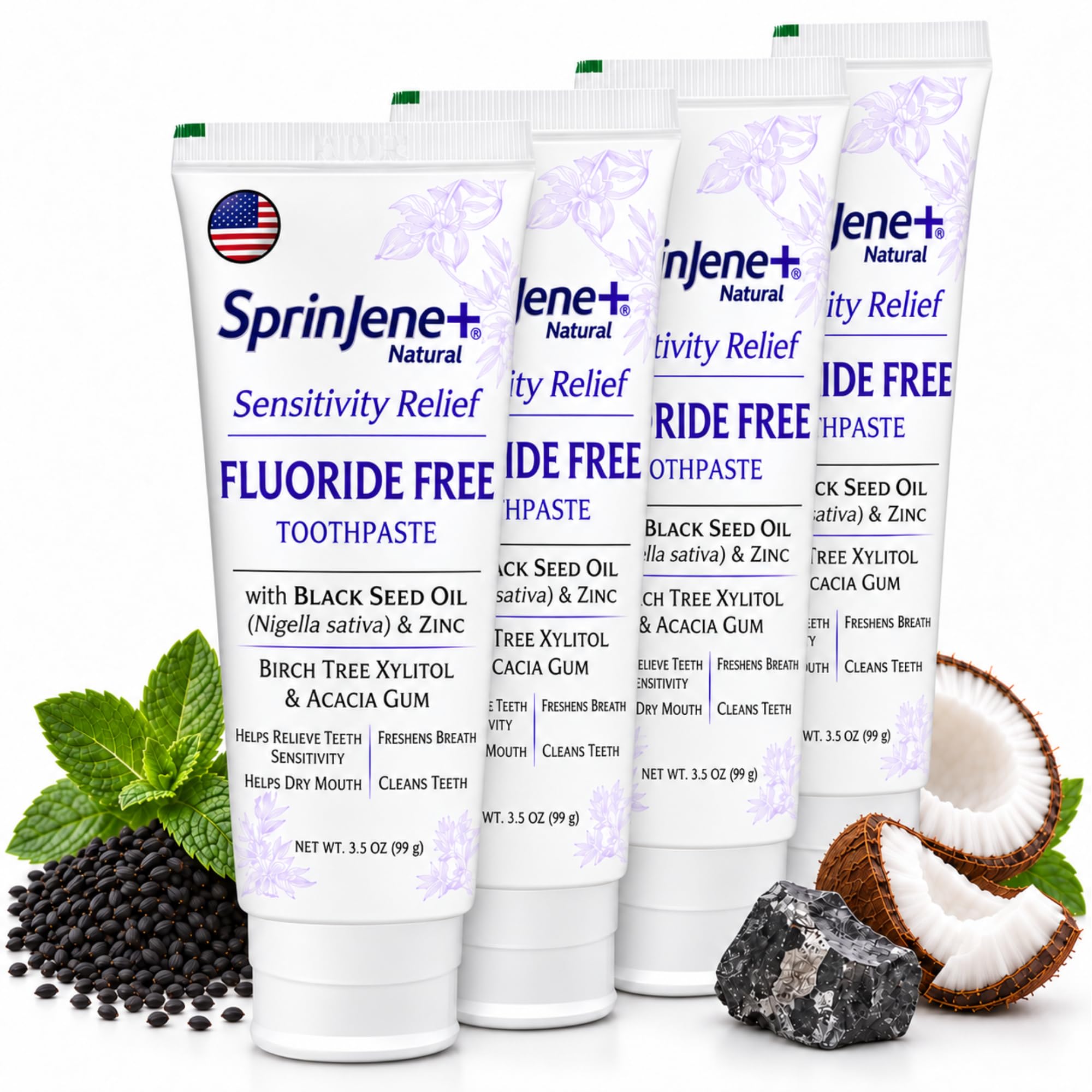 SprinJene Natural Sensitivity Relief, fluoridfreie Zahnpasta für empfindliche Zähne/Natürliche Zahnpasta zum Schutz vor Karies | 4er Pack