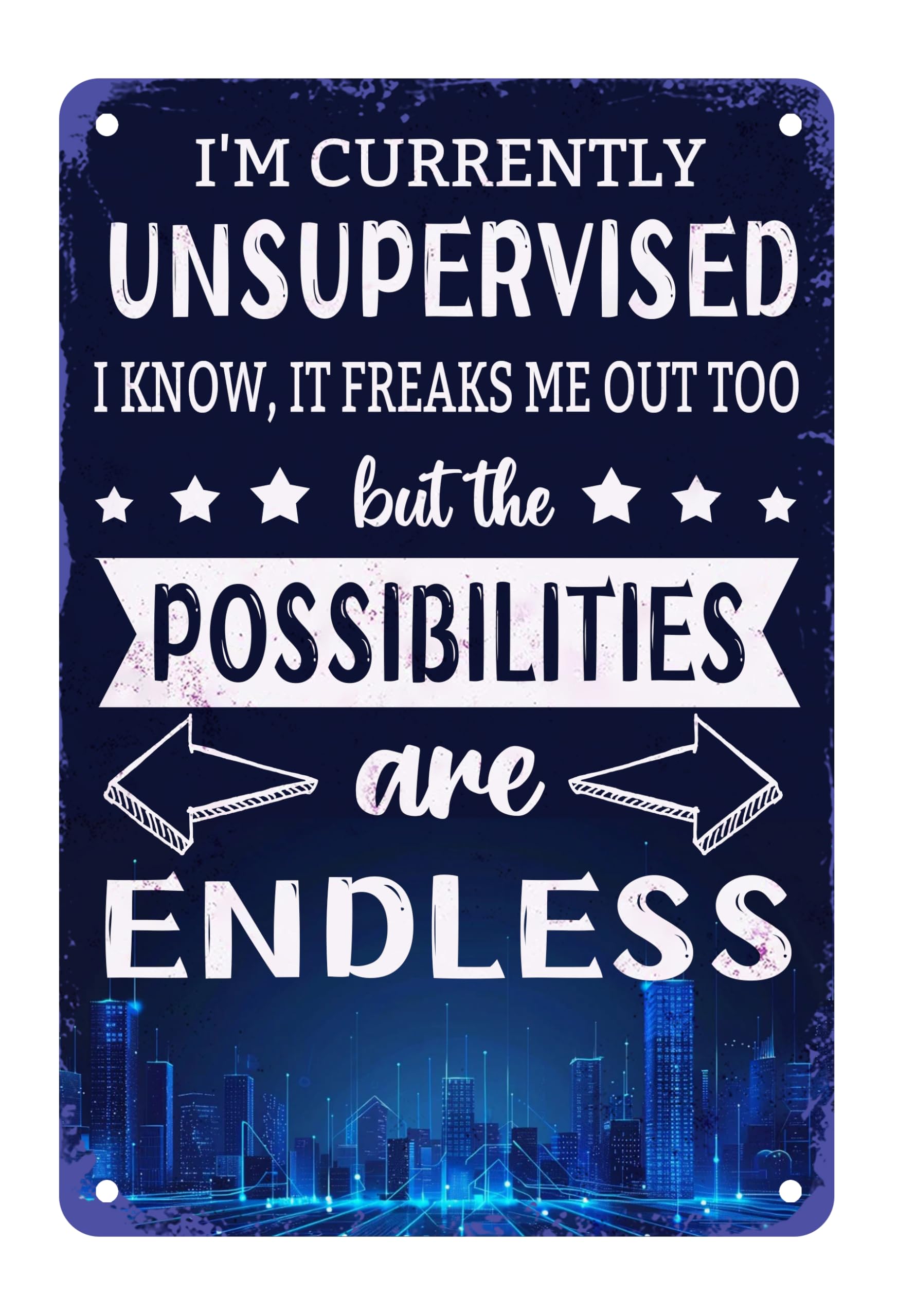 peiyeety I'M Currently Unsupervised Sign But The Possibilities Are Endless Metal Tin Sign, Sarcastic Joke For Home Office Man Cave Accessories Garage Bar Pub Cafe Shop Car Wall Decor 8" x 12"