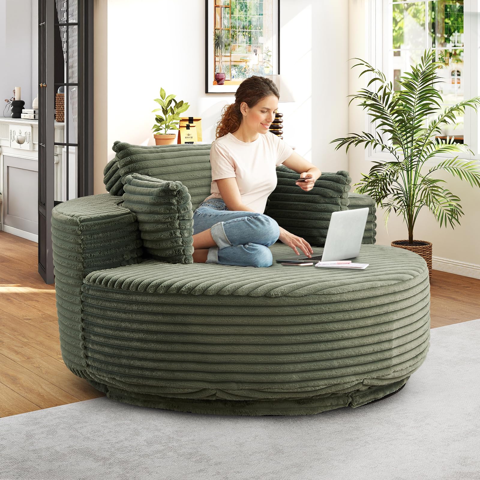 360-Degree Oversized Swivel Chair, Modern Round Circle Corduroy Comfy Deep Seat Swivel Accent Chaise Lounge Sofa Chair with Back Cushion & 2 Throw