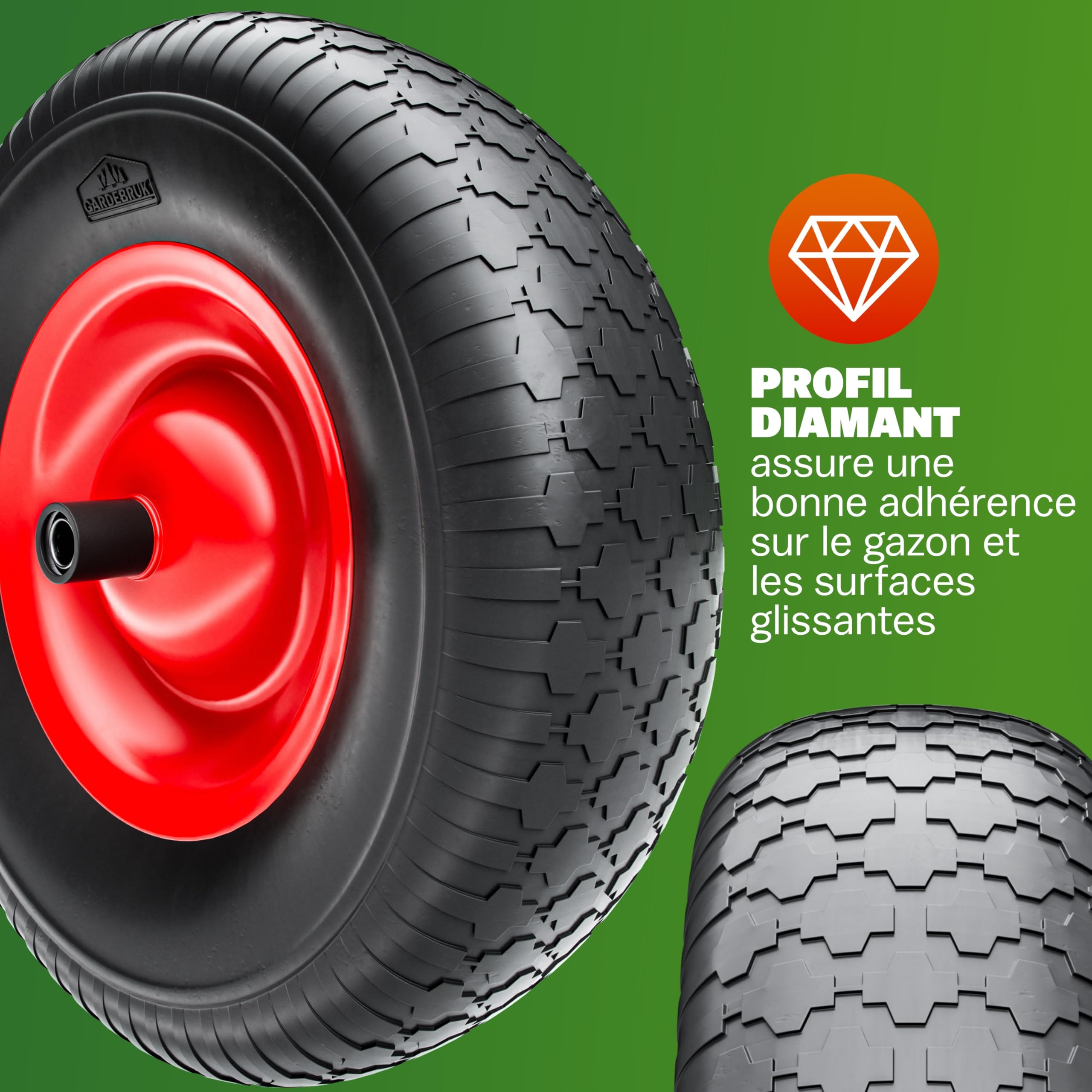 GARDEBRUK® Roue de brouette increvable Caoutchouc Plein PU 4.80/4.00-8 Ø390mm Jante Acier 200kg axe Roue de Secours Remplacement brouette Pneu