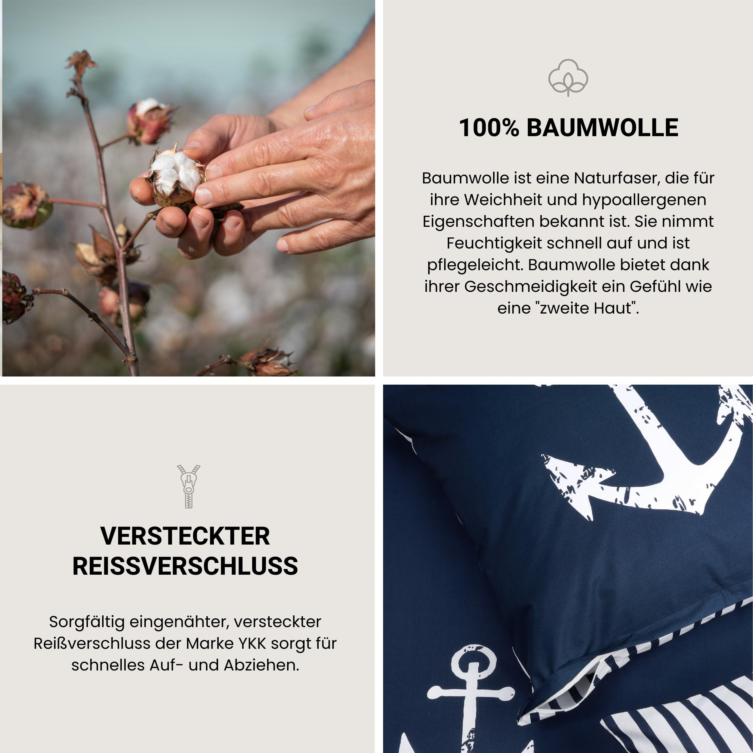 SSchiesser Bettwäscheset Marina | 2-teilig | Maritim | Renforcé | 100% Baumwolle | Oeko-Tex Zertifiziert | Reißverschluss | 155x220cm + 80x80cm | Dunkelblau