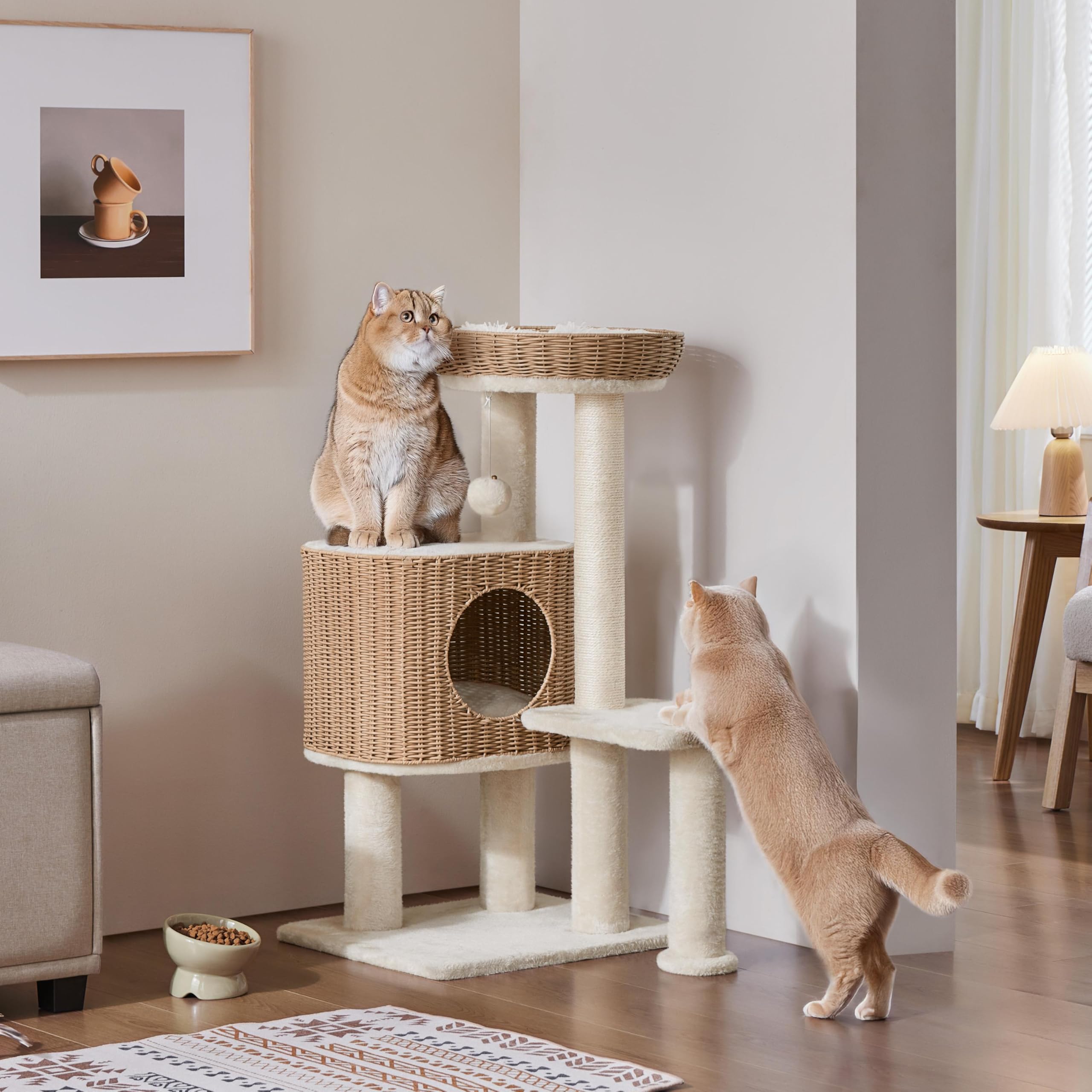 Yaheetech Árbol Rascador para Gatos Ratán Tejido a Mano 91cm Beige | Para Gatos Grandes,Cojines Lavables,Fácil montaje,Duradero, Estabilidad,Perca ancha,multifuncional,Bola colgante sustituible