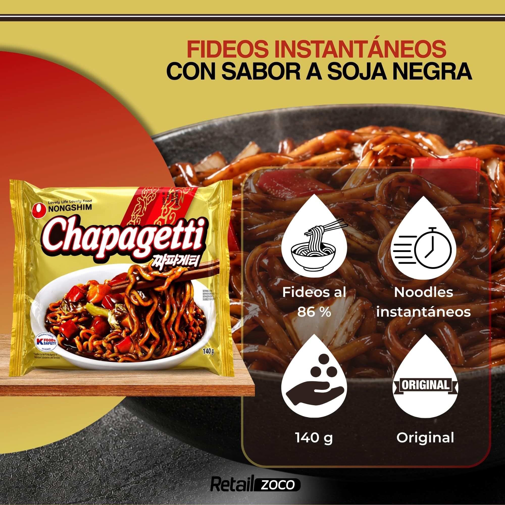 Ramen Coreanos Chapagetti, Fideos Instantáneos Chapagetti, Instant Noodle Ramen Corea, Original Coreano, Agrega agua caliente y cocina por 5 minutos, Sabor picante, 3 unidades de 140 g