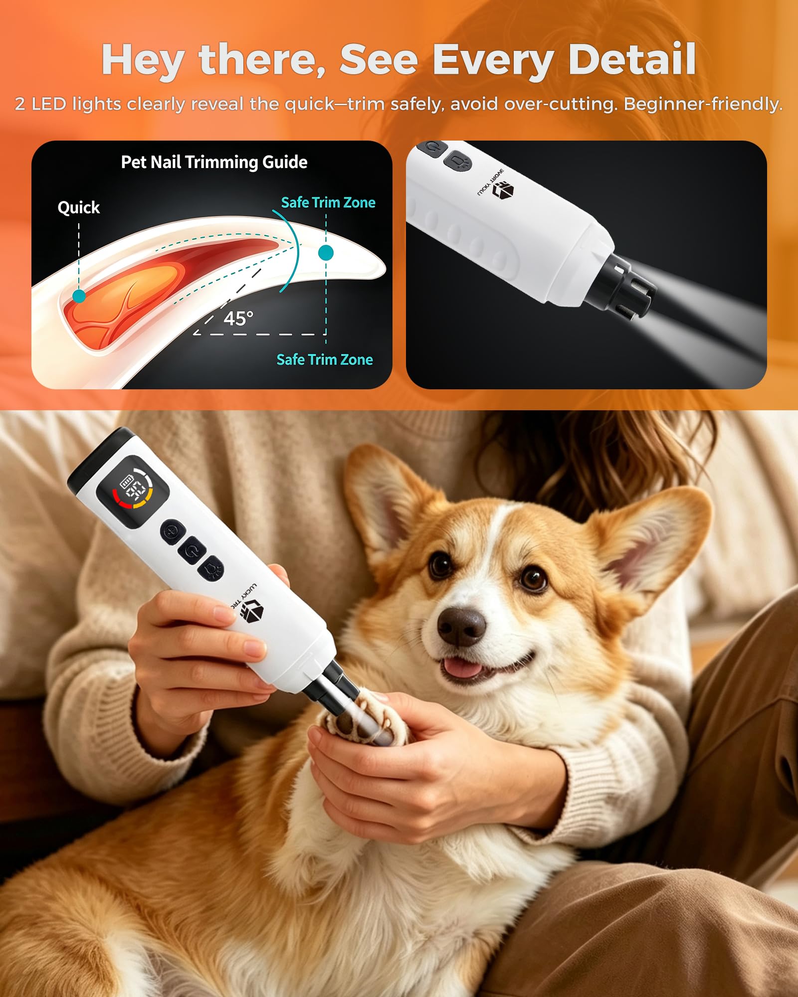 Broyeur à ongles professionnel pour chien - Moteur sans balais, 11 000 tr/min, 6 vitesses, silencieux de 40 dB, 2 lumières LED, soin des ongles indolores pour animaux de compagnie, rechargeable