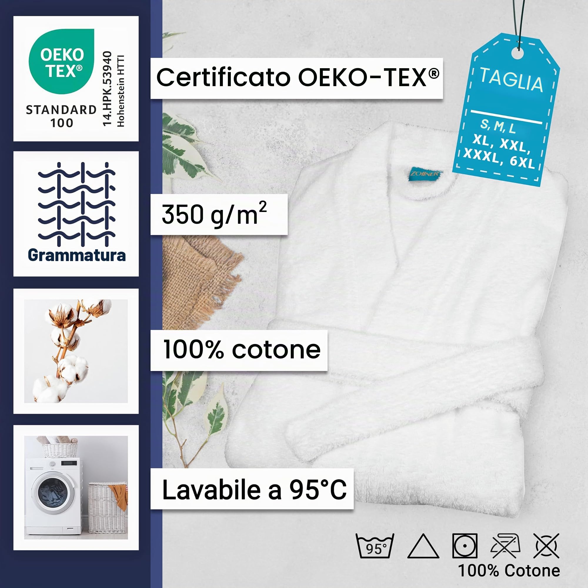 ZOLLNER Accappatoio bianco - morbido e super assorbente - da donna e uomo - cotone - M - lavabile a 95°C - qualità alberghiera - Certificato OEKO TEX (R)