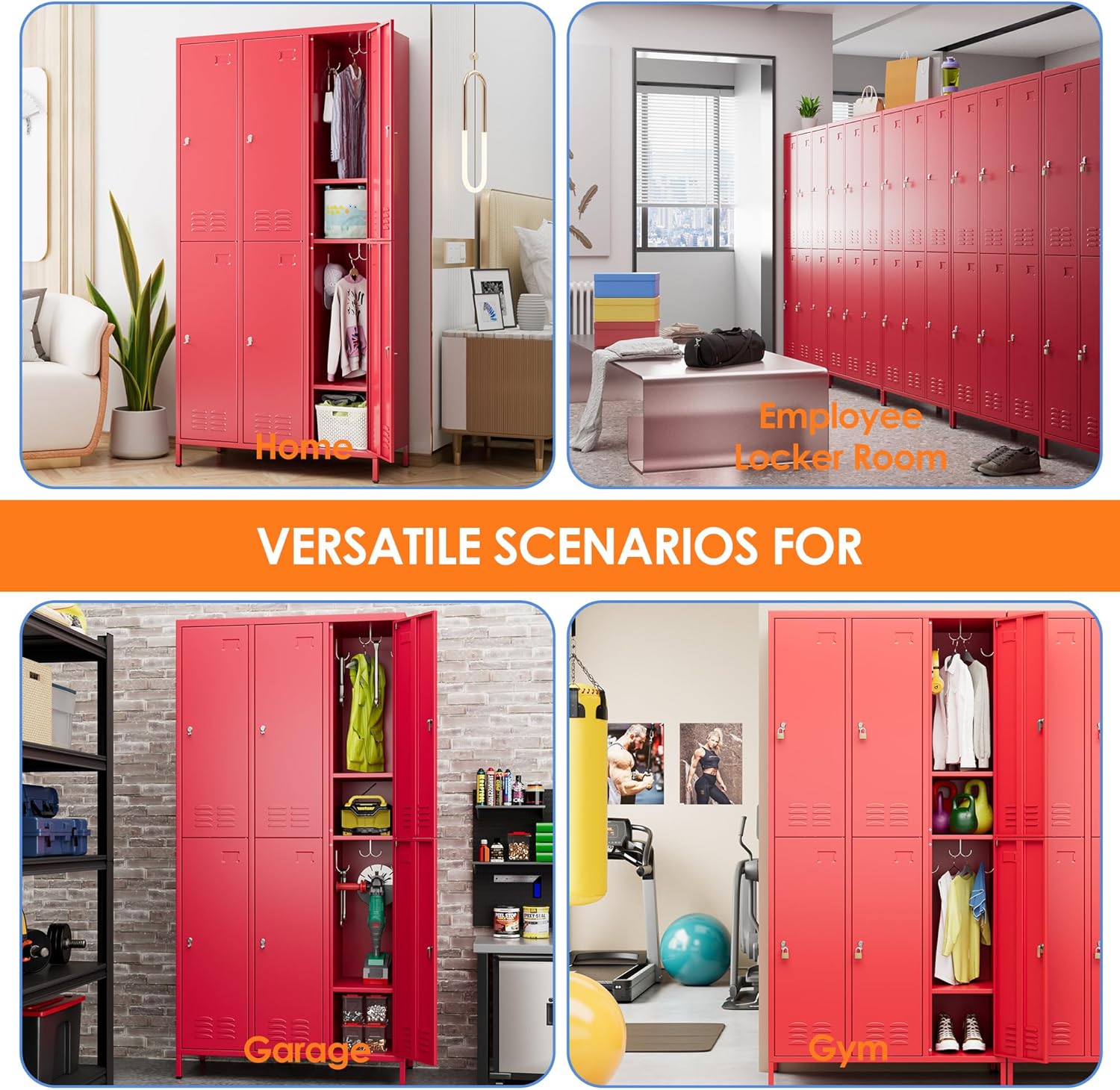 6 Doors Metal Lockers for Employees with 18 Hooks,Meta Storage Locker with Business Card Holder for School Office Gym Garage Home,Assembly Required,Red