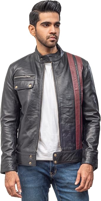 Red Stripe Mens Leather Jacket - Black 