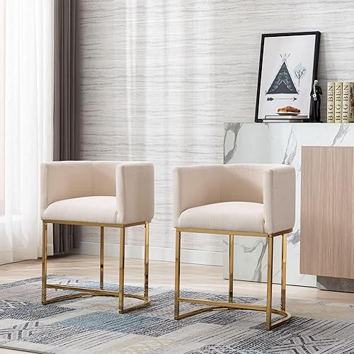 Miniatura 9 de Wahson Taburete tapizado de lino de altura de bar, 24 pulgadas de alto, taburete moderno de tela de mediados de siglo, con marco de metal dorado,