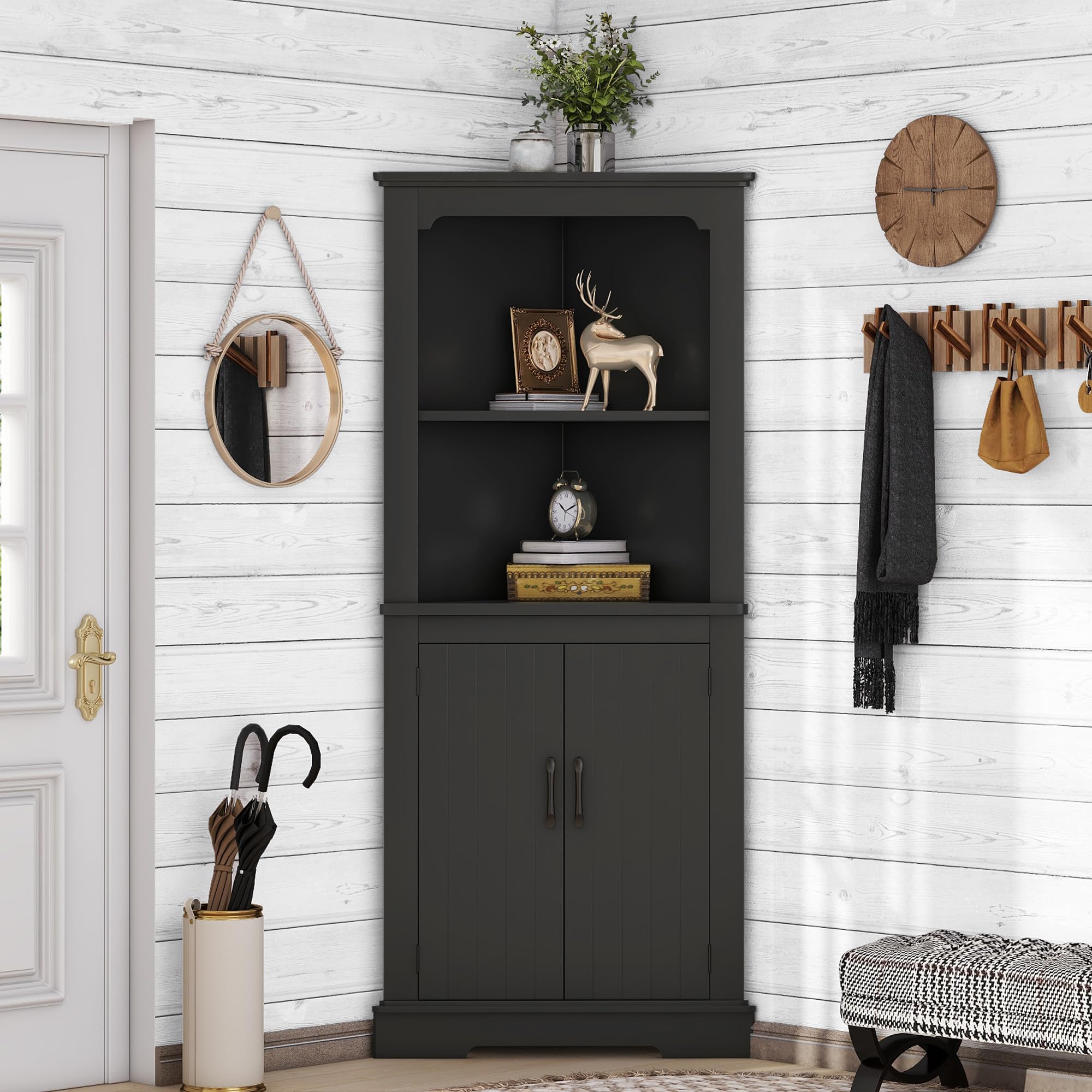 MaiDeHaoo Tall Corner Cabinet with Doors and Shelves Corner Cabinet with Storage for Dining Room Living Room or Kitchen, Black