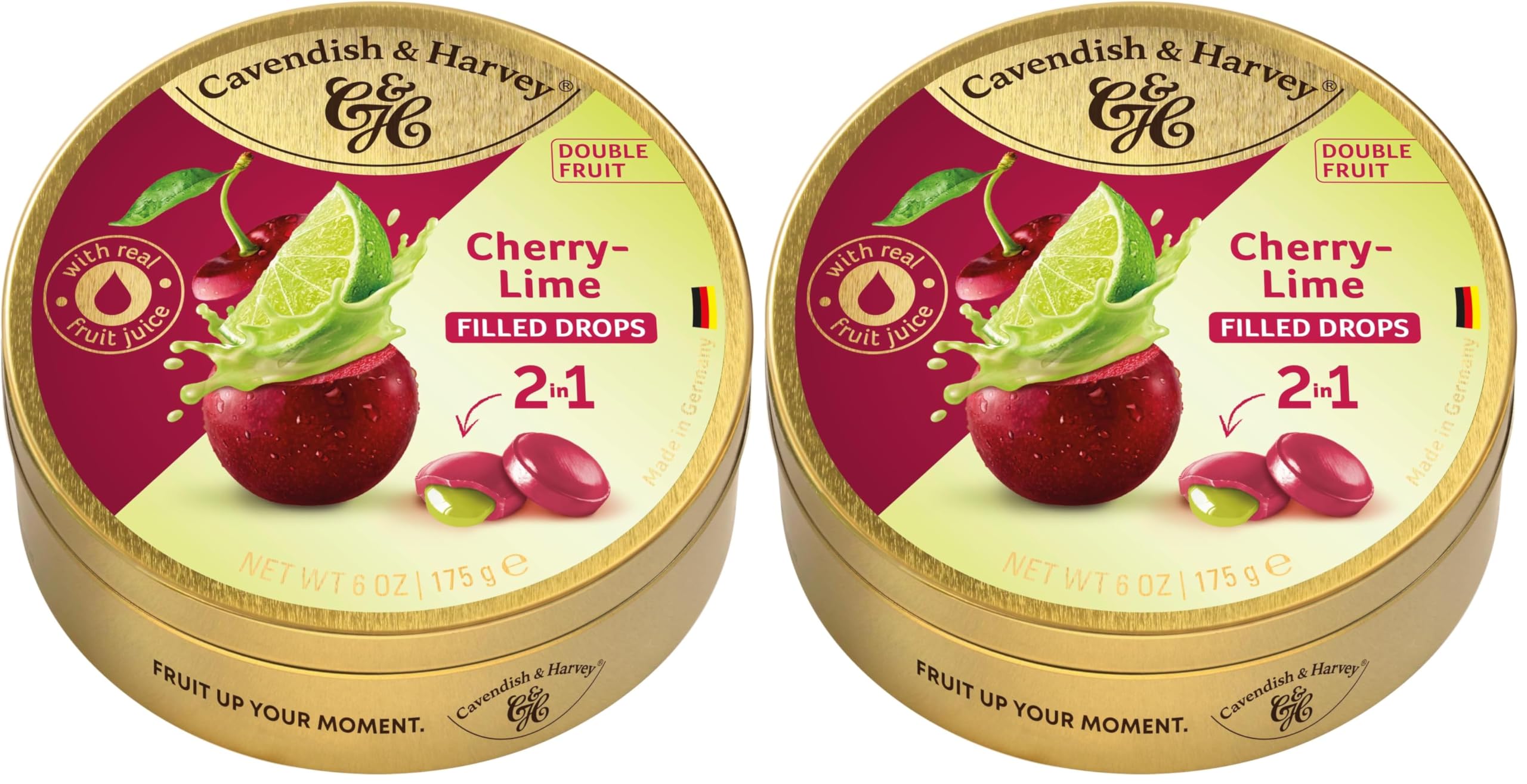 Cavendish & Harvey Double Fruit Drops Cherry Lime 175g Dose | Sauerkirsche mit Limettenfüllung | Gefüllte Fruchtbonbons | Vegan, Halal, Koscher | 1 x 175g (Packung mit 2)