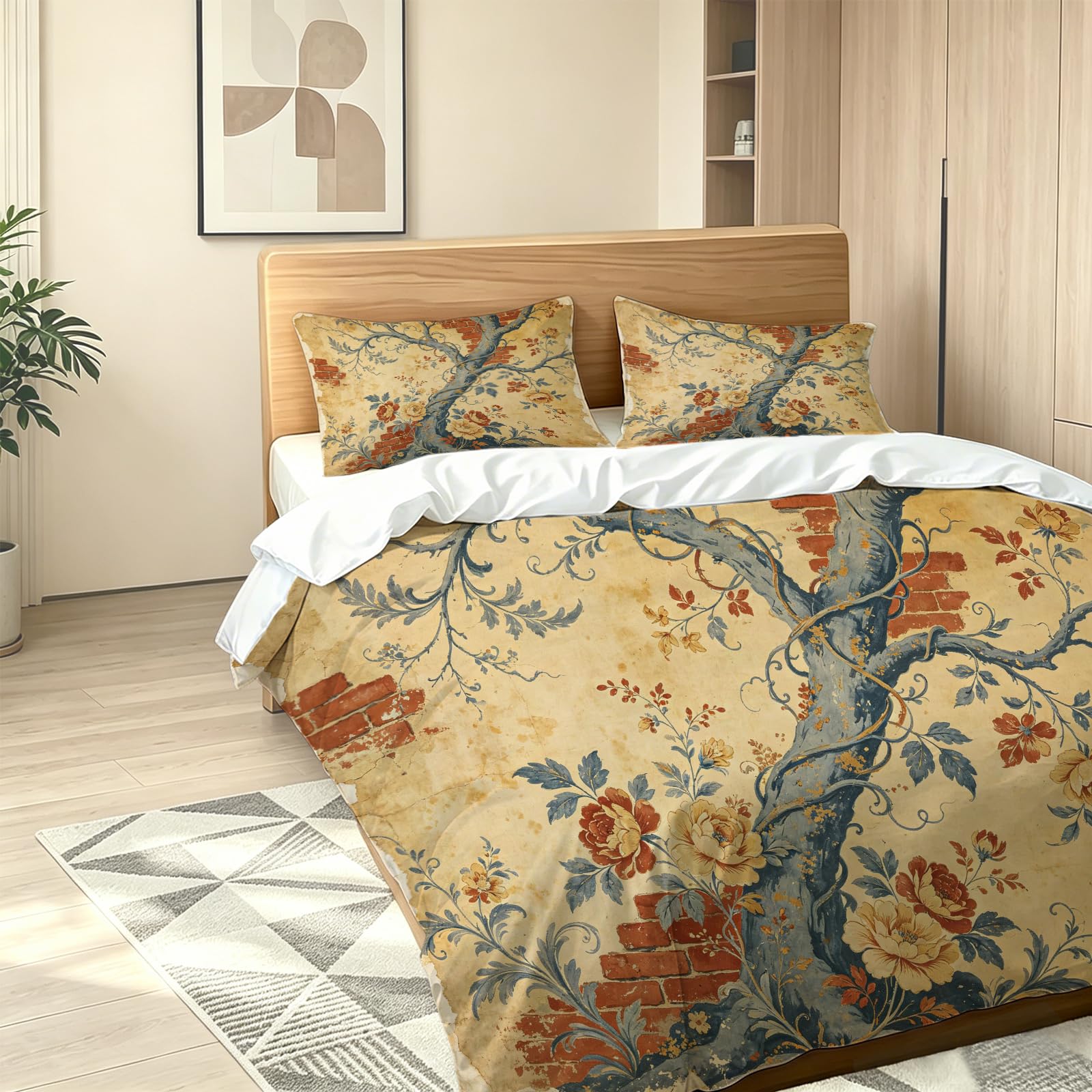 Set Copripiumino Singolo 155x200 cm Fiori Intrecciati Pastorale Retrò Set di Biancheria da Letto in Morbido Traspirante Microfibra 3D con Copripiumino e 2 Federe 50x80 cm Beige G-1795