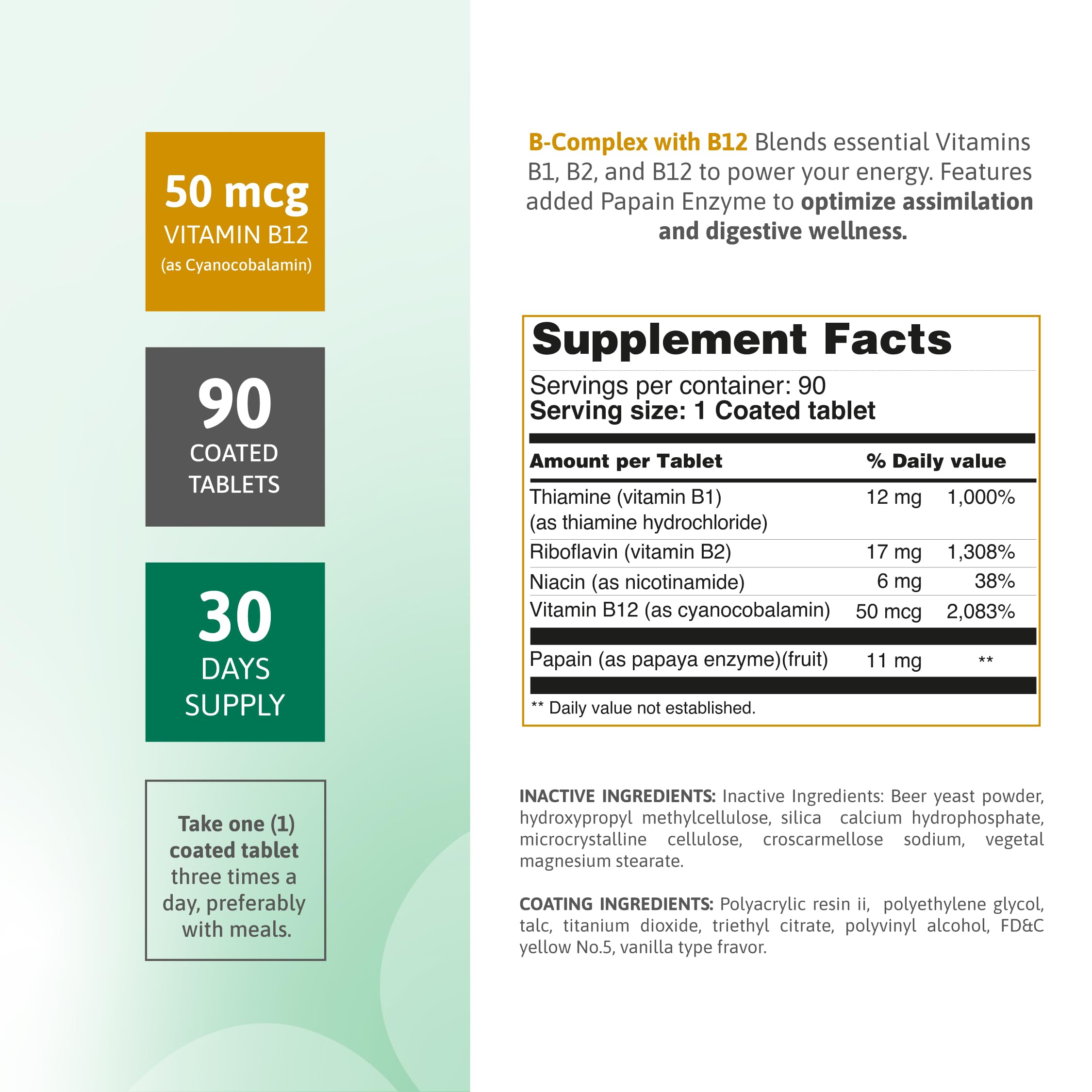 B Complex with B12 Papaya Enzyme Energy Support 90 Count — Amazon image 2