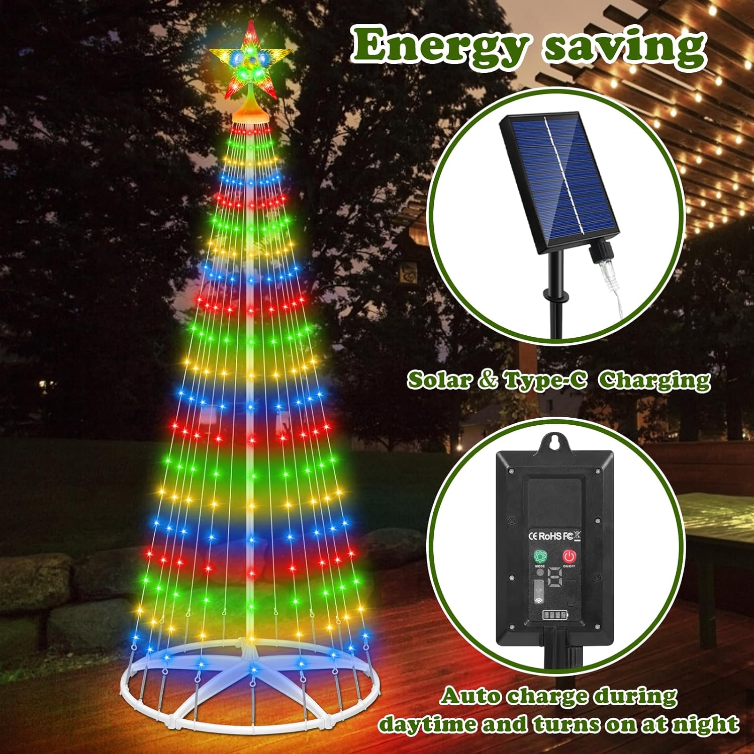 Outdoor Solar Christmas Cone Tree Lights, 7.5ft 312LED Christmas Tree Light Show with 8 Modes Timer Remote, Lighted Artificial Tree USB Charge for Xmas Yard Porch Patio Party Holiday Decor, Multicolor