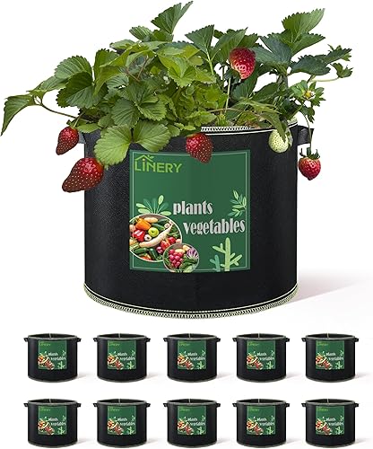LINERY Bolsa de plantación negra resistente gruesa de gran capacidad con proceso de dobladillo mejorado con asas, macetas de tela no tejida (paquete