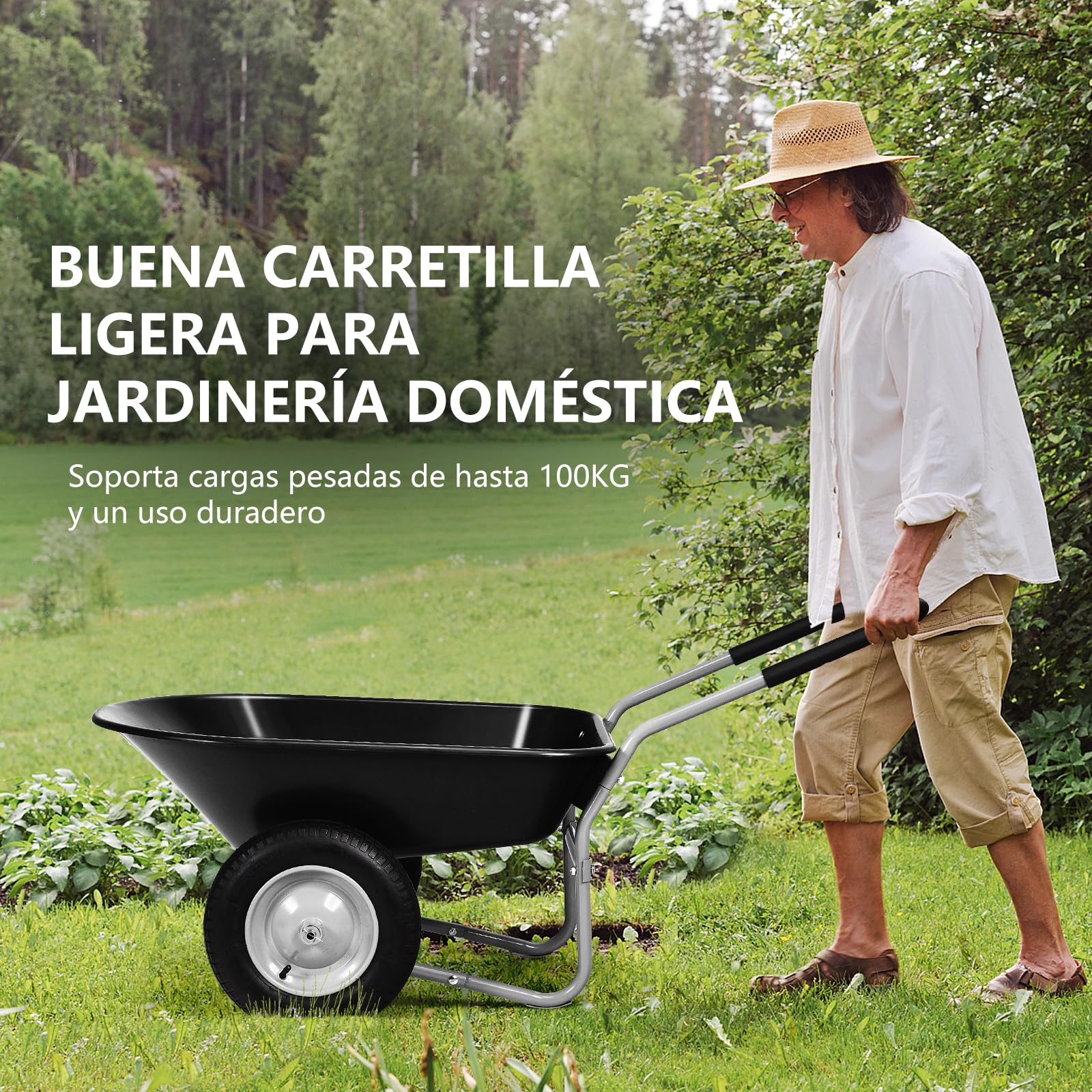 GYMAX Carretilla de Jardín de 100 litros de Volumen con 2 Neumáticos de Aire, Carretilla de Transporte con Asa, Carretilla de Construcción de hasta 100 kg, Apto para Patio y Almacén (Negro)