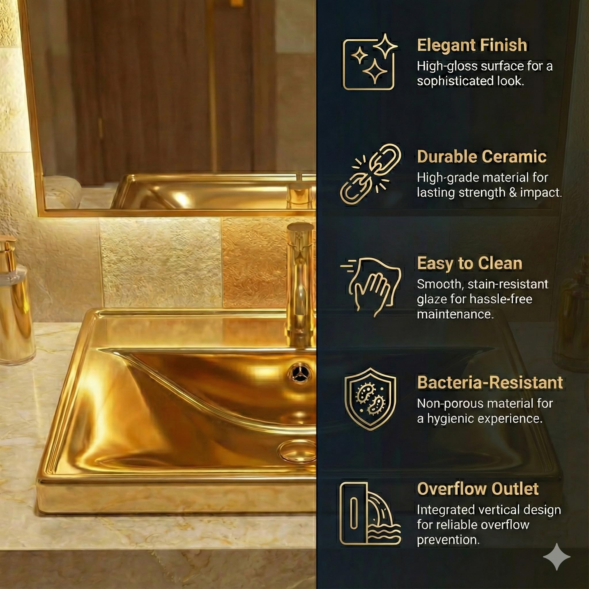 Backline Luxury Semi-Undercounter Basin | Ceramic Under Counter Wash Basin With Overflow | Undermount Bathroom Sink 51 x 40 x 18 Cm (Gold Glossy) 1